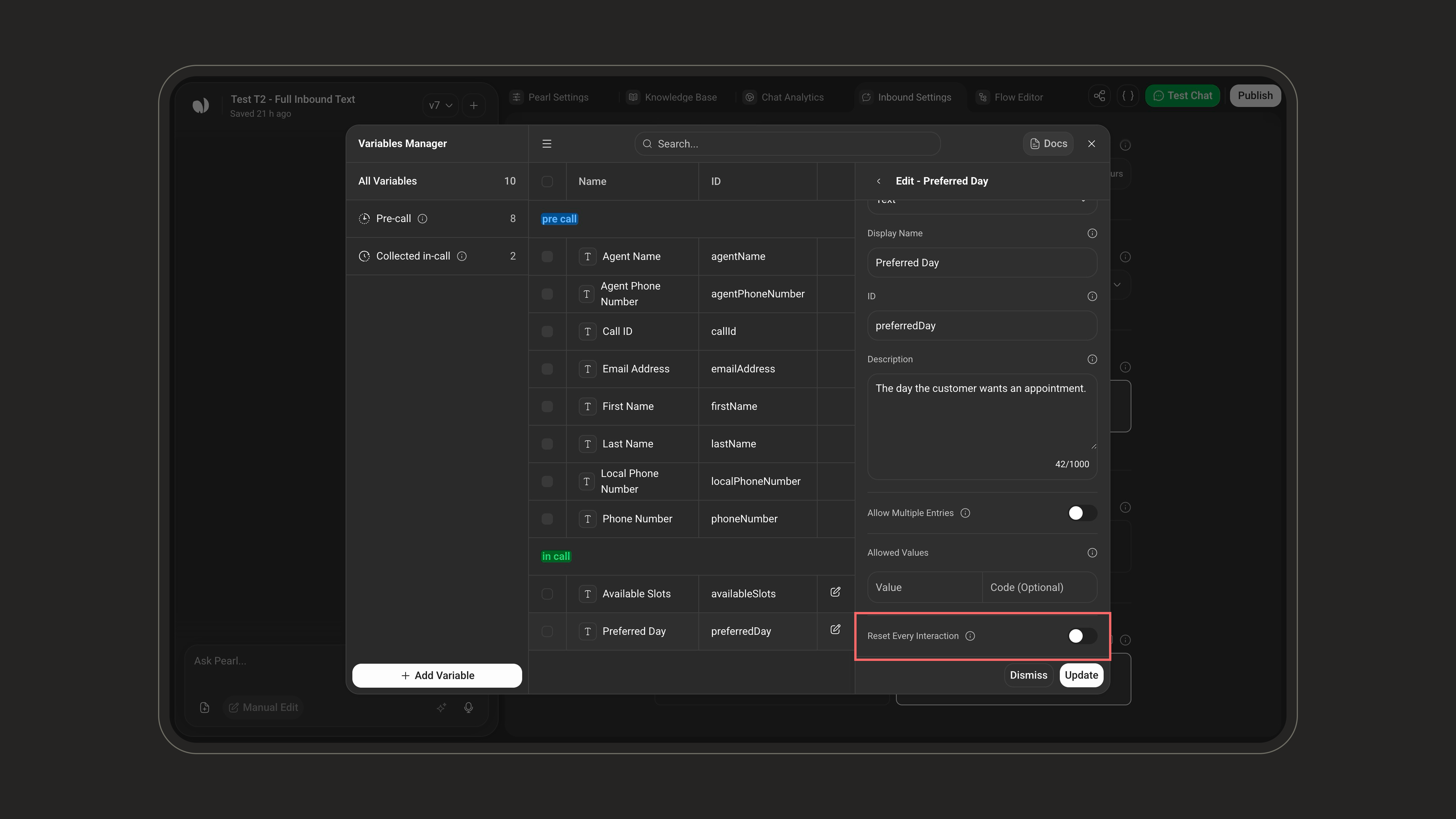 Reset Every Interaction toggle in the Variables Manager