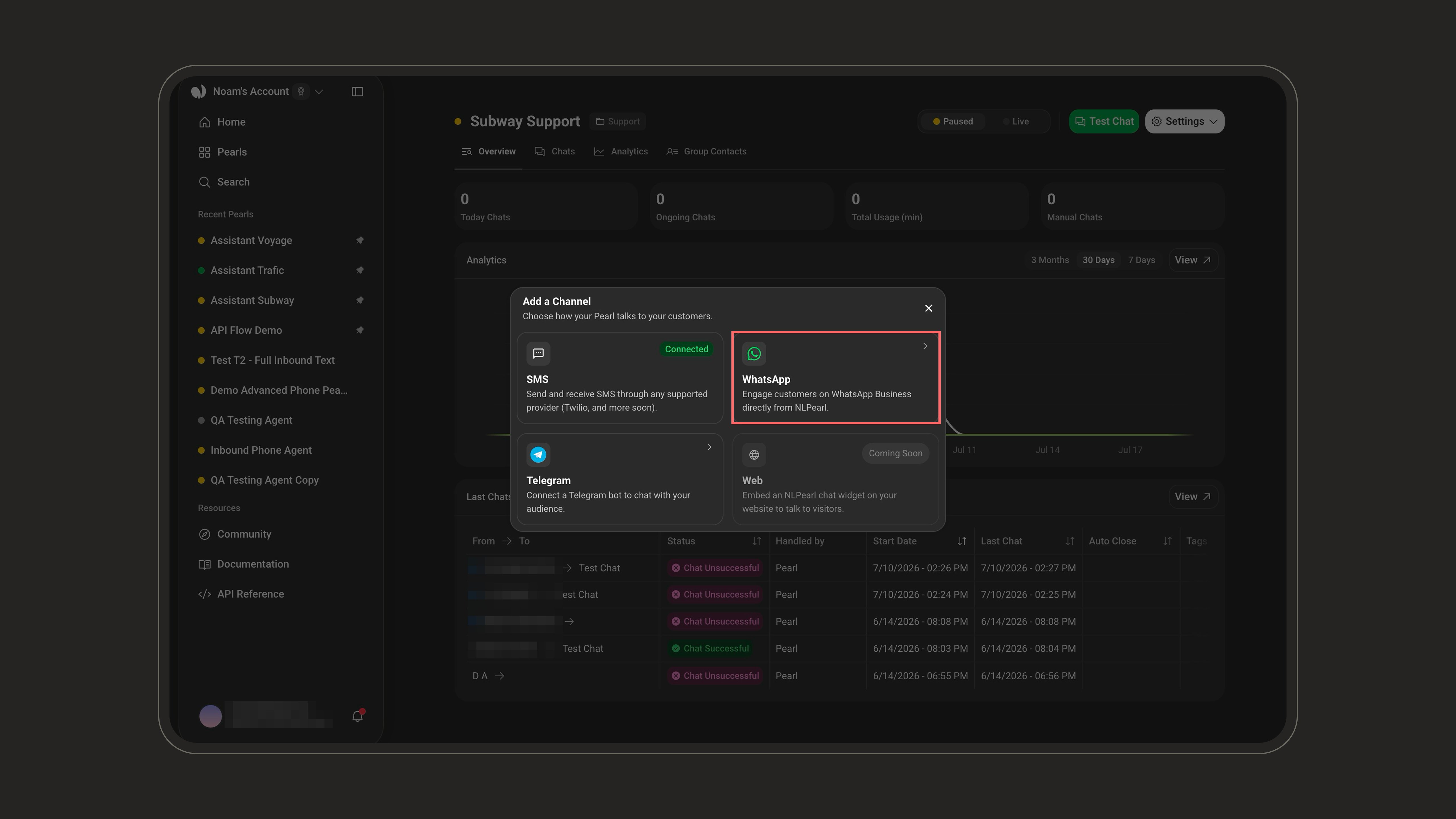 WhatsApp option in the Add a Channel chooser on a Pearl's Overview page
