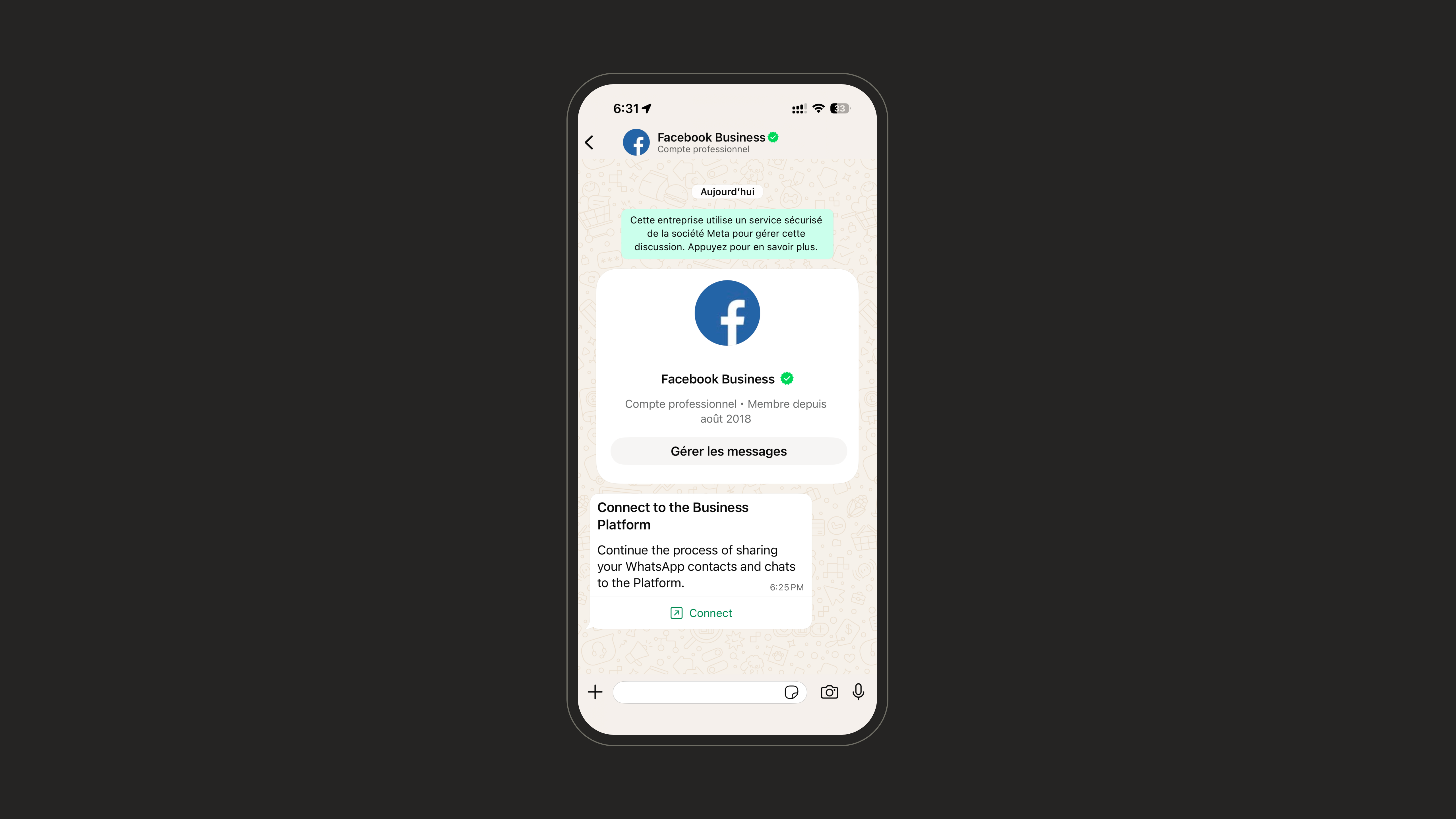 Facebook Business message with the Connect button in the WhatsApp Business app