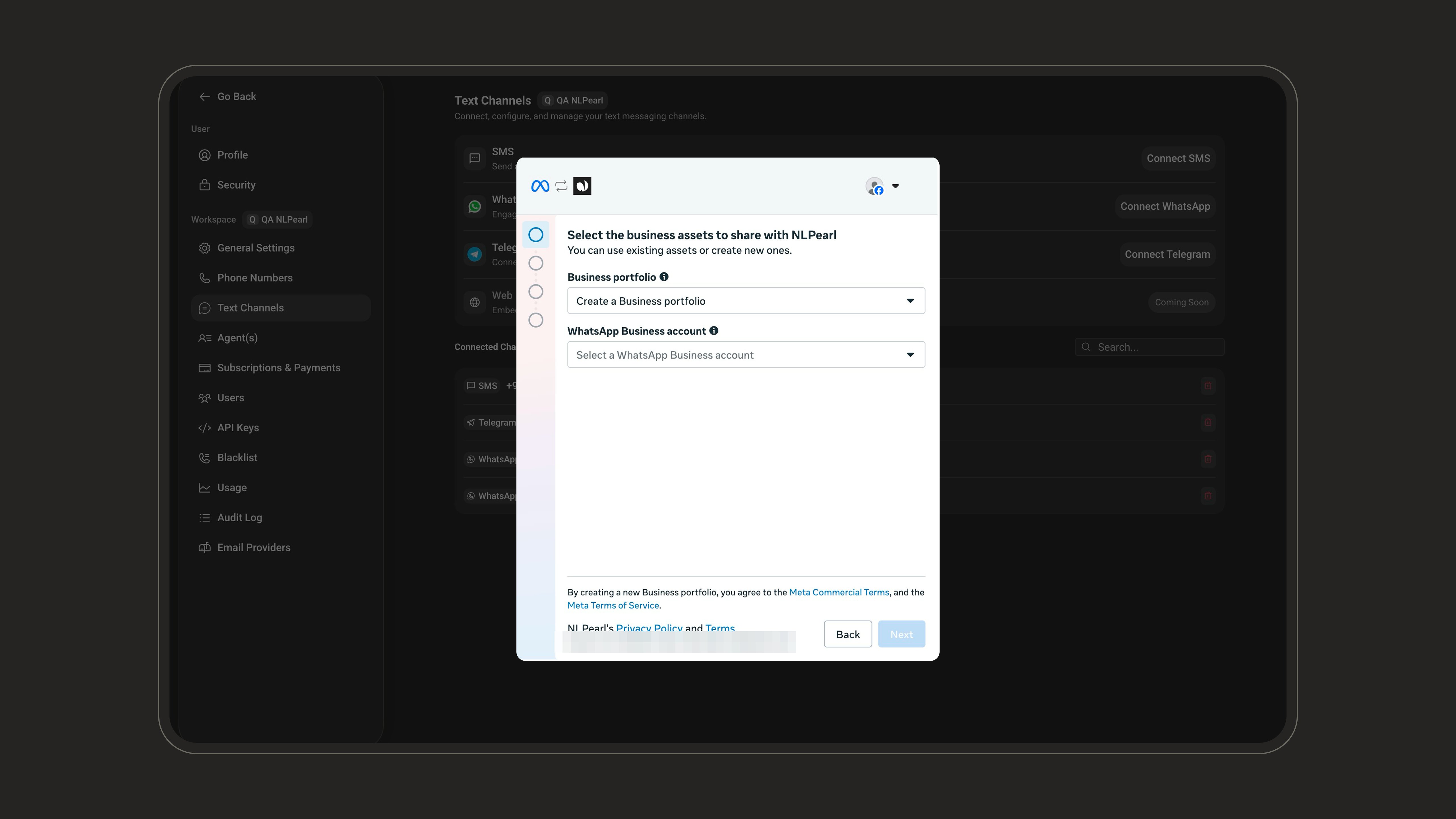 Business portfolio and WhatsApp Business account selection