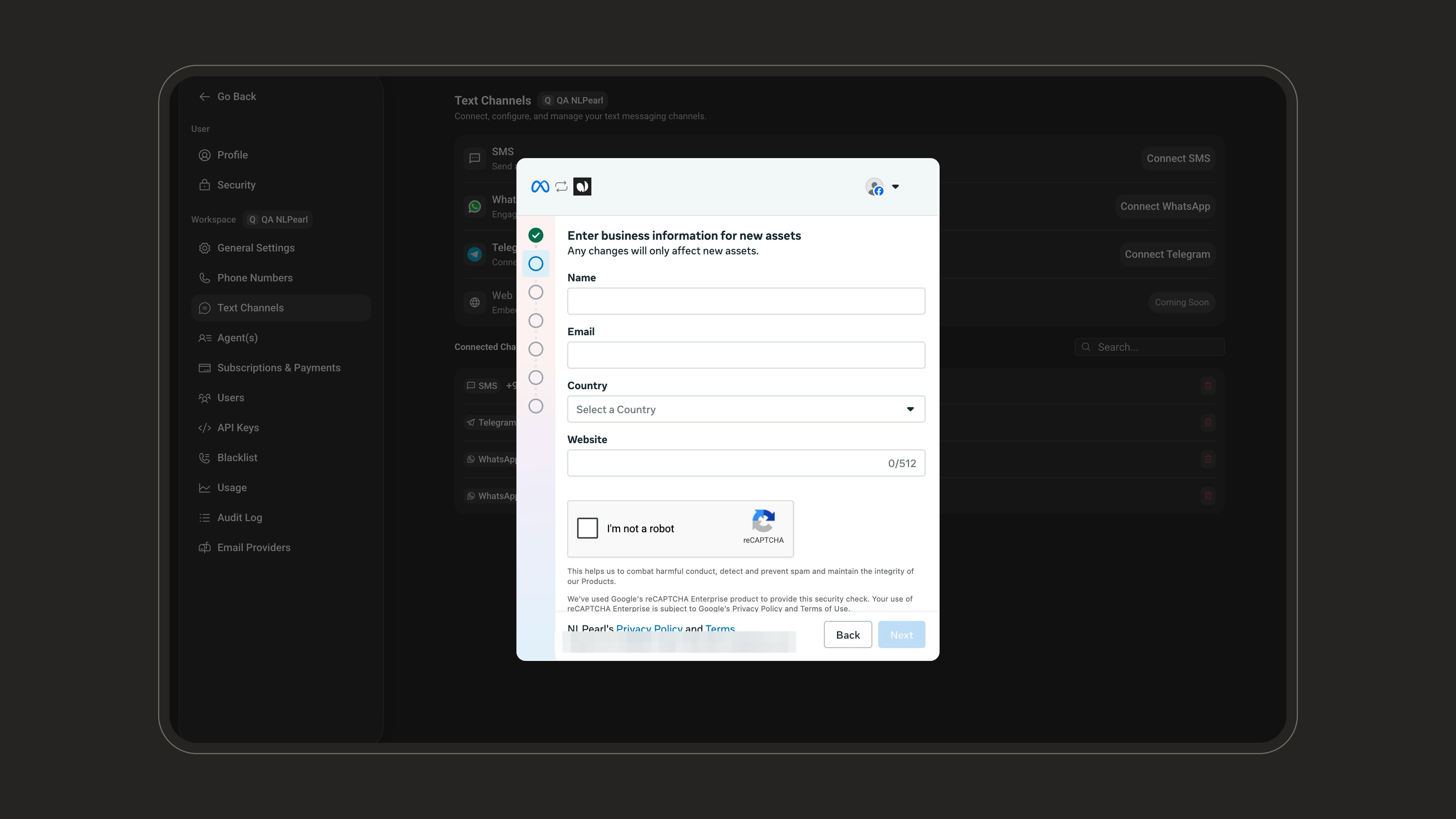 Business information form in the Meta window
