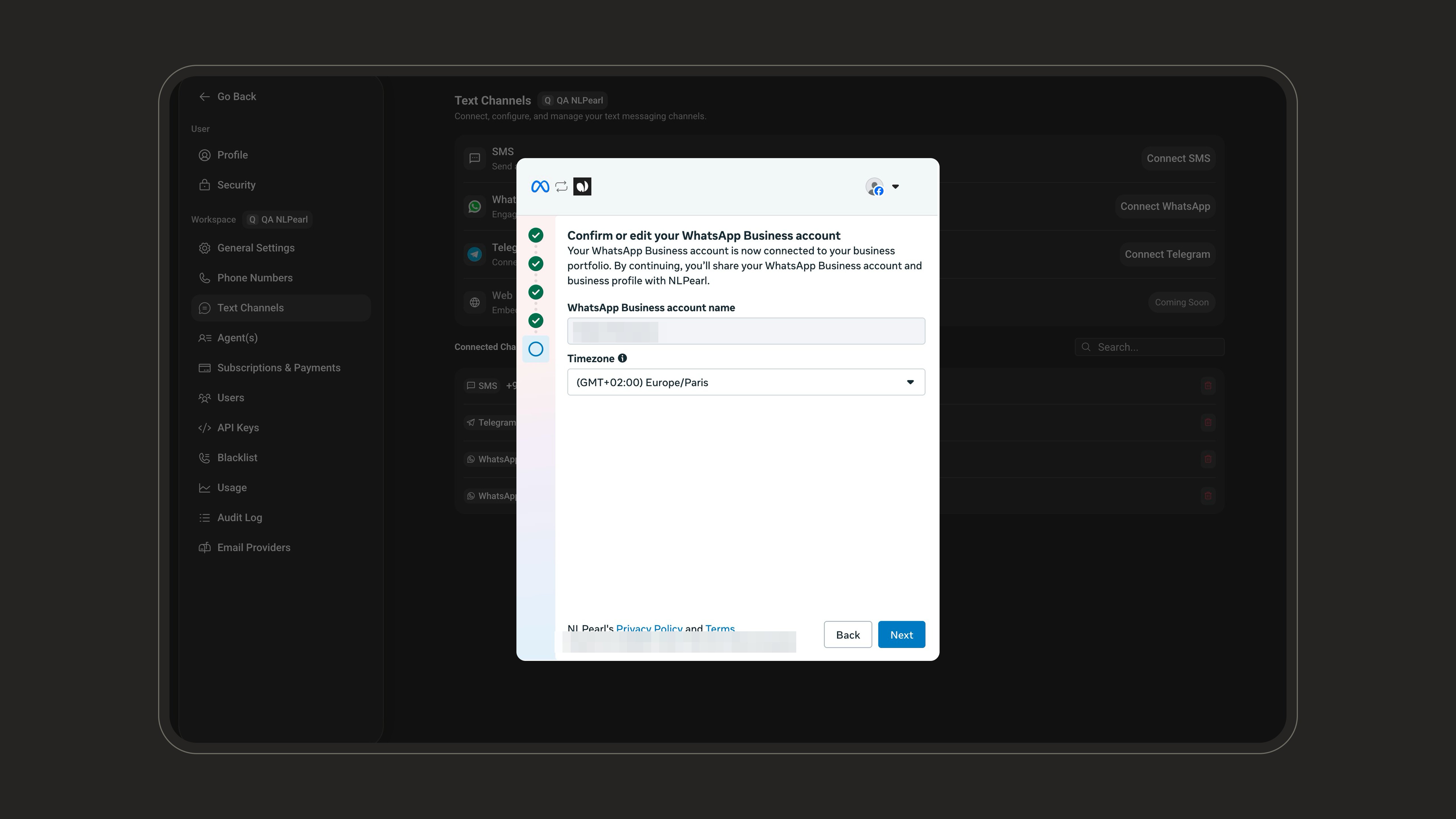 Confirm the WhatsApp Business account name and timezone