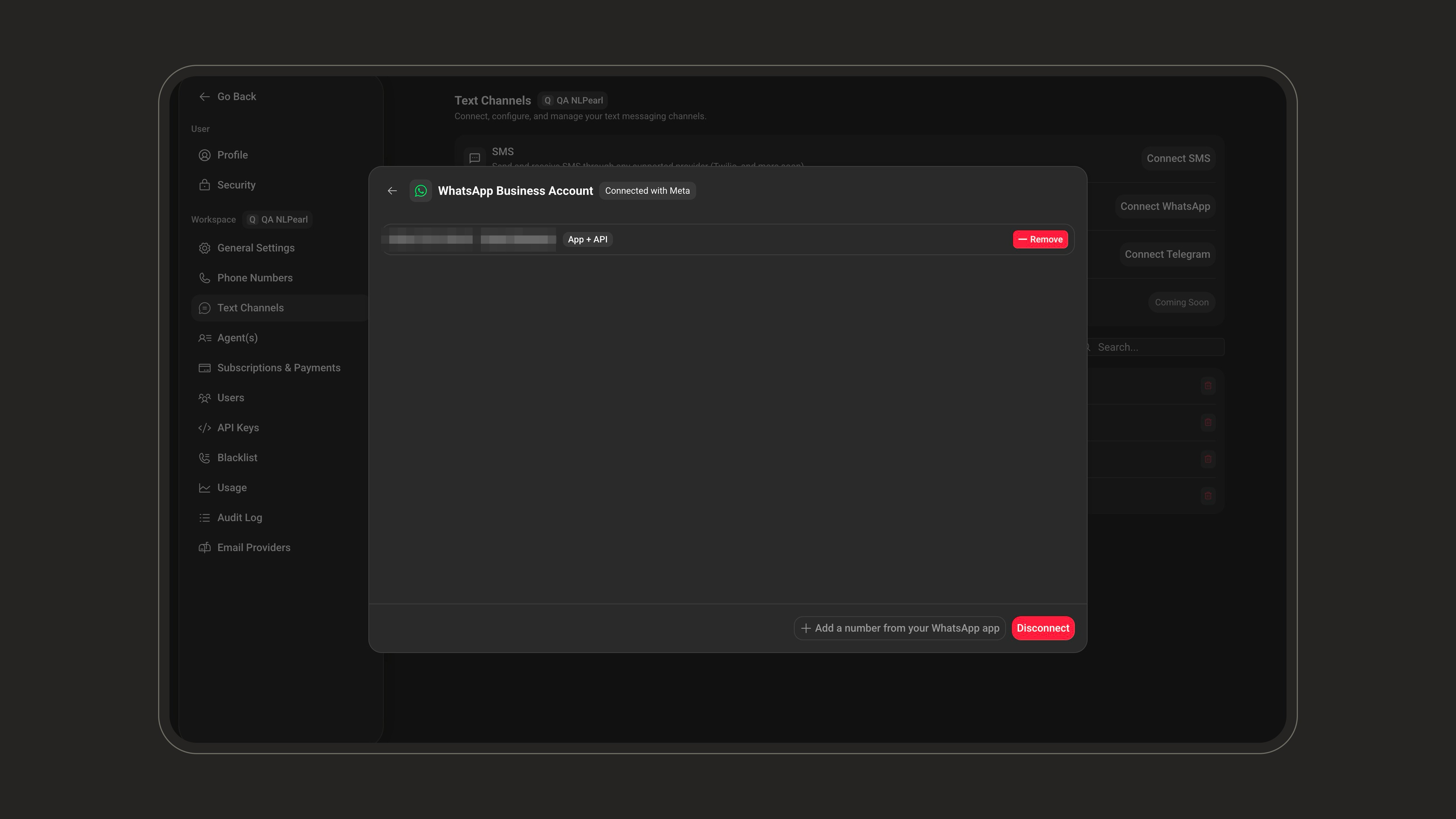 Connected WhatsApp Business account with a coexistence number tagged App + API