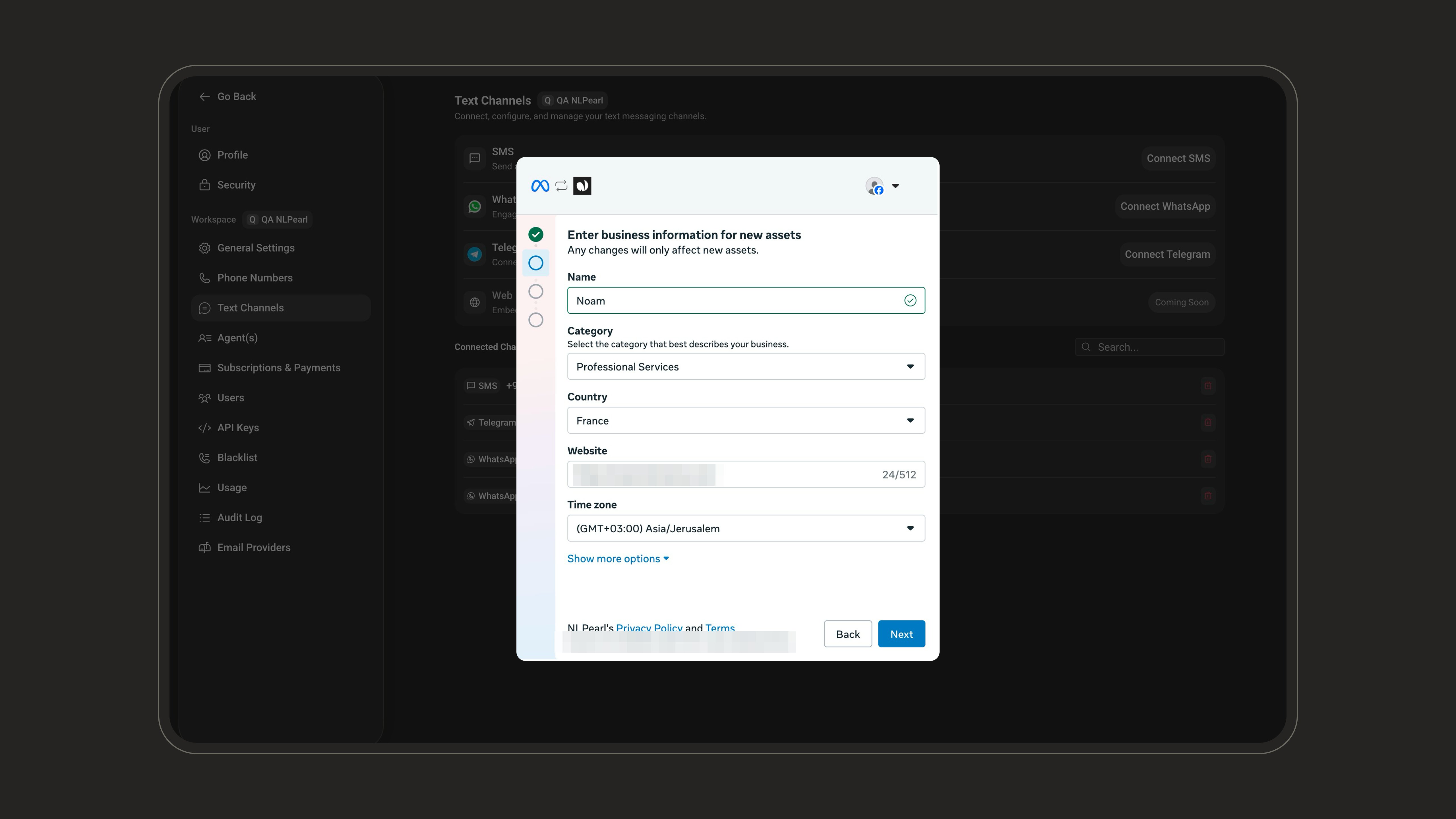 Business information form for the new WhatsApp Business account