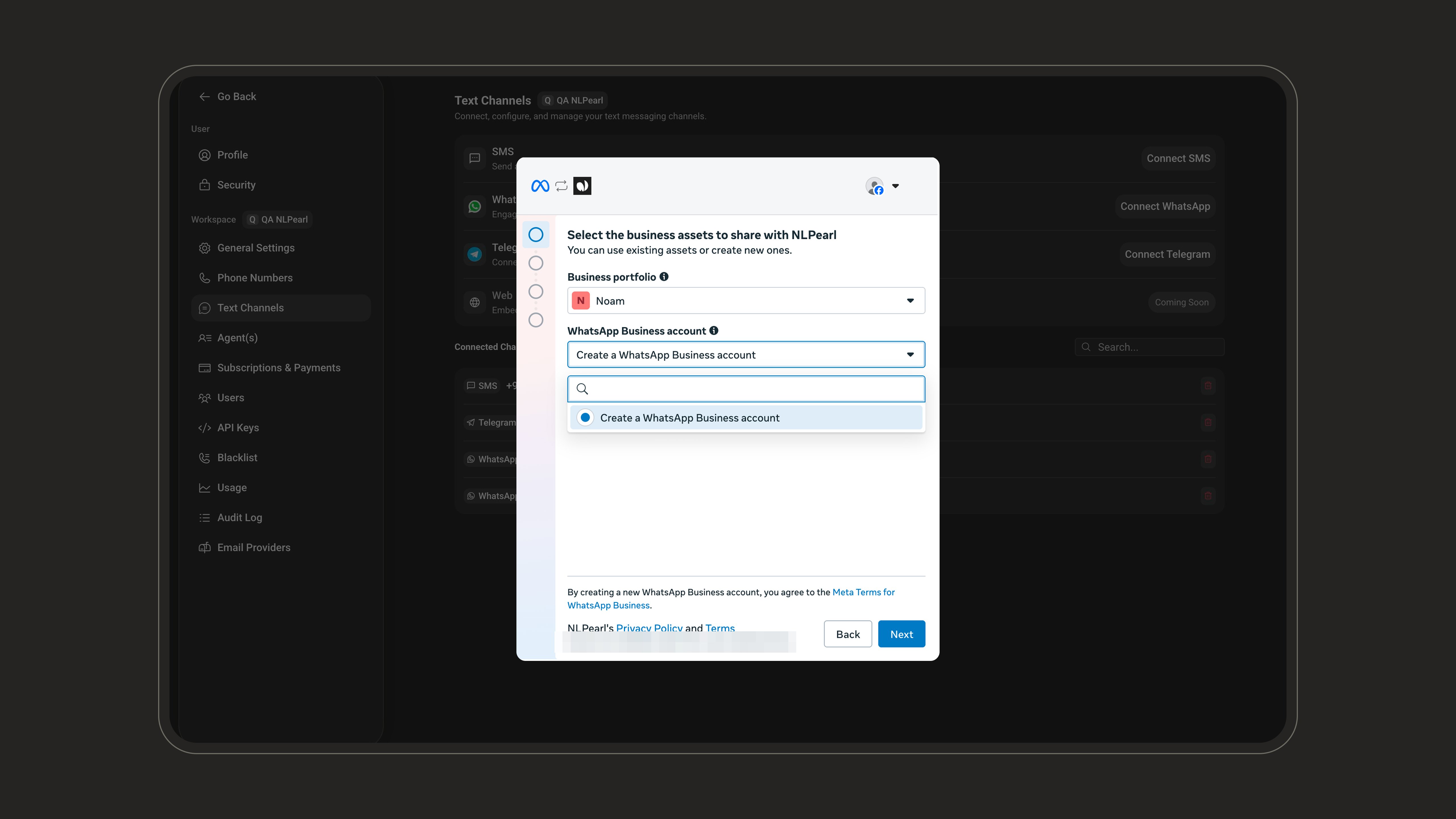 Create a WhatsApp Business account option selected
