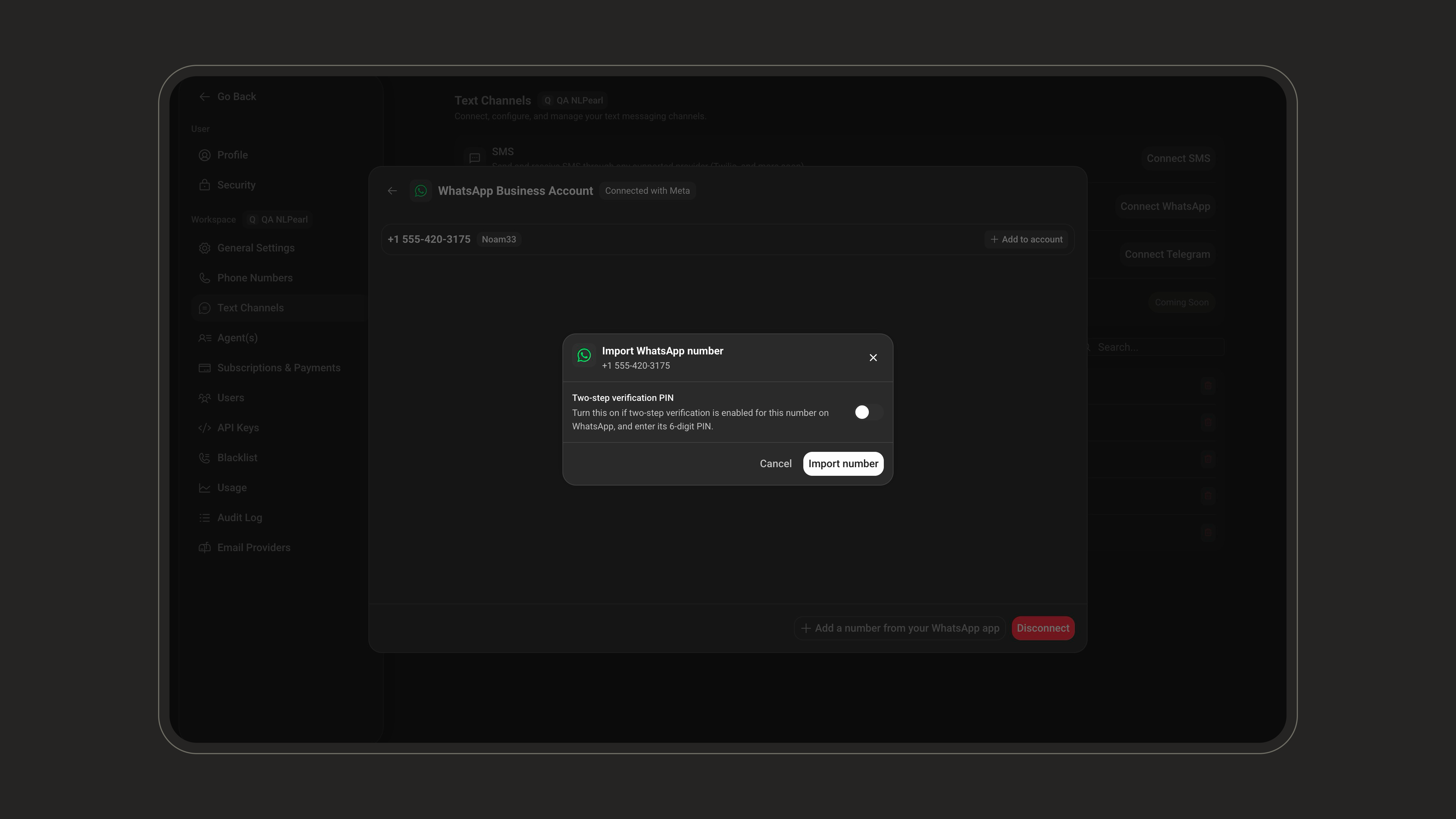 Import WhatsApp number dialog with the two-step verification PIN option