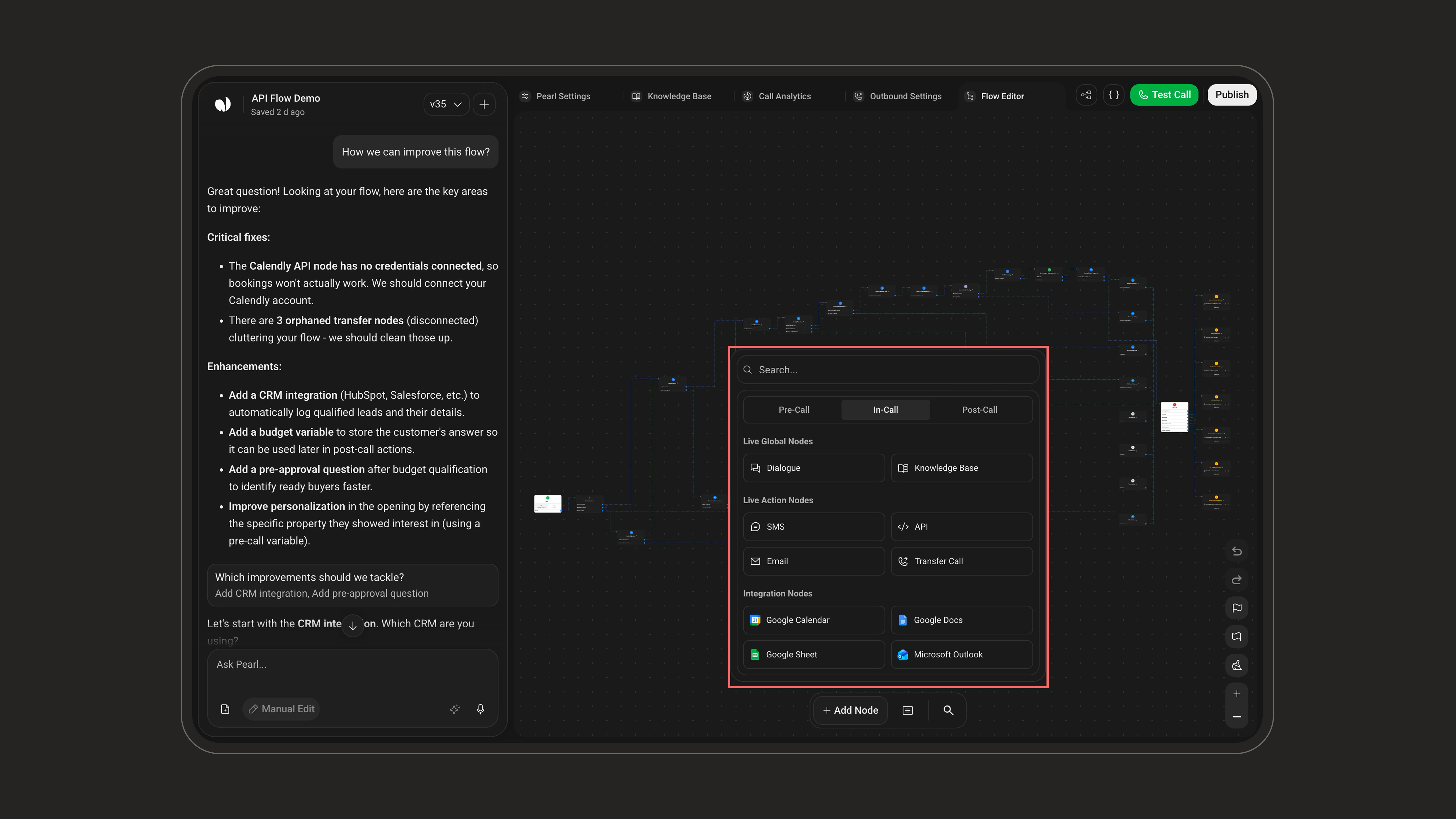 Add Node picker with Pre-Call, In-Call, and Post-Call tabs and node groups