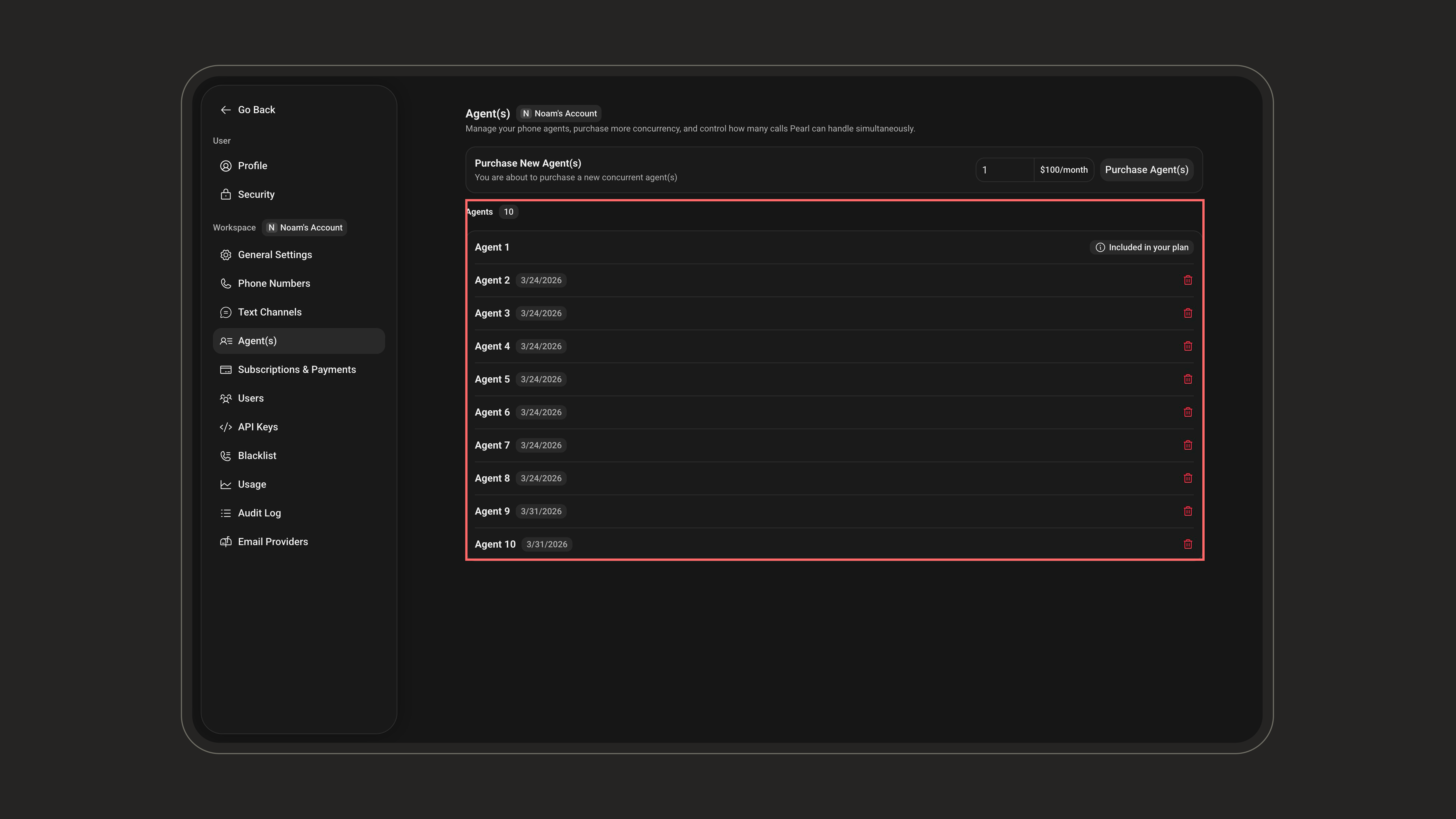List of agents in the workspace