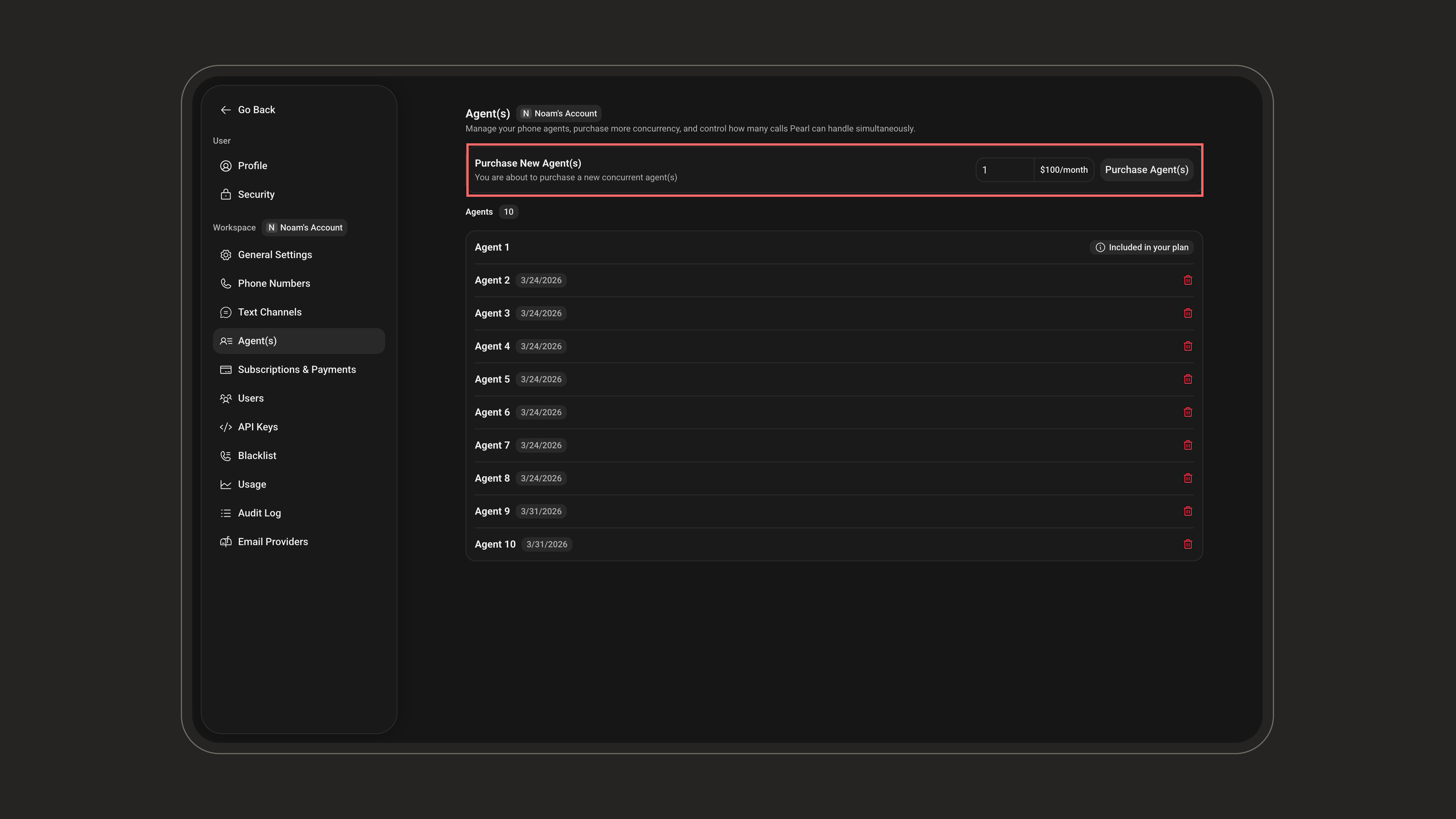 Purchase New Agent(s) bar in the Agent(s) settings