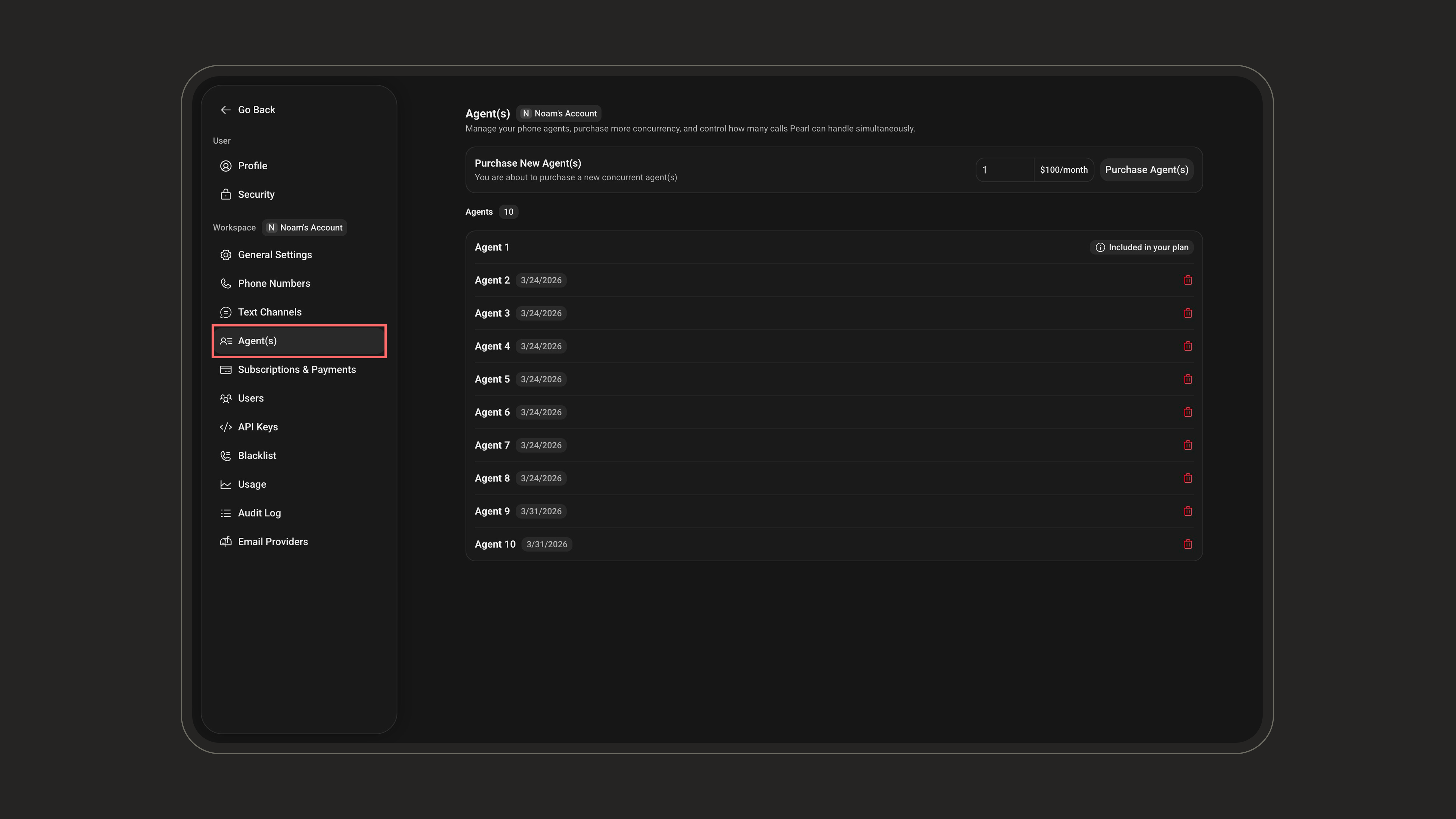 Agent(s) tab in workspace Settings