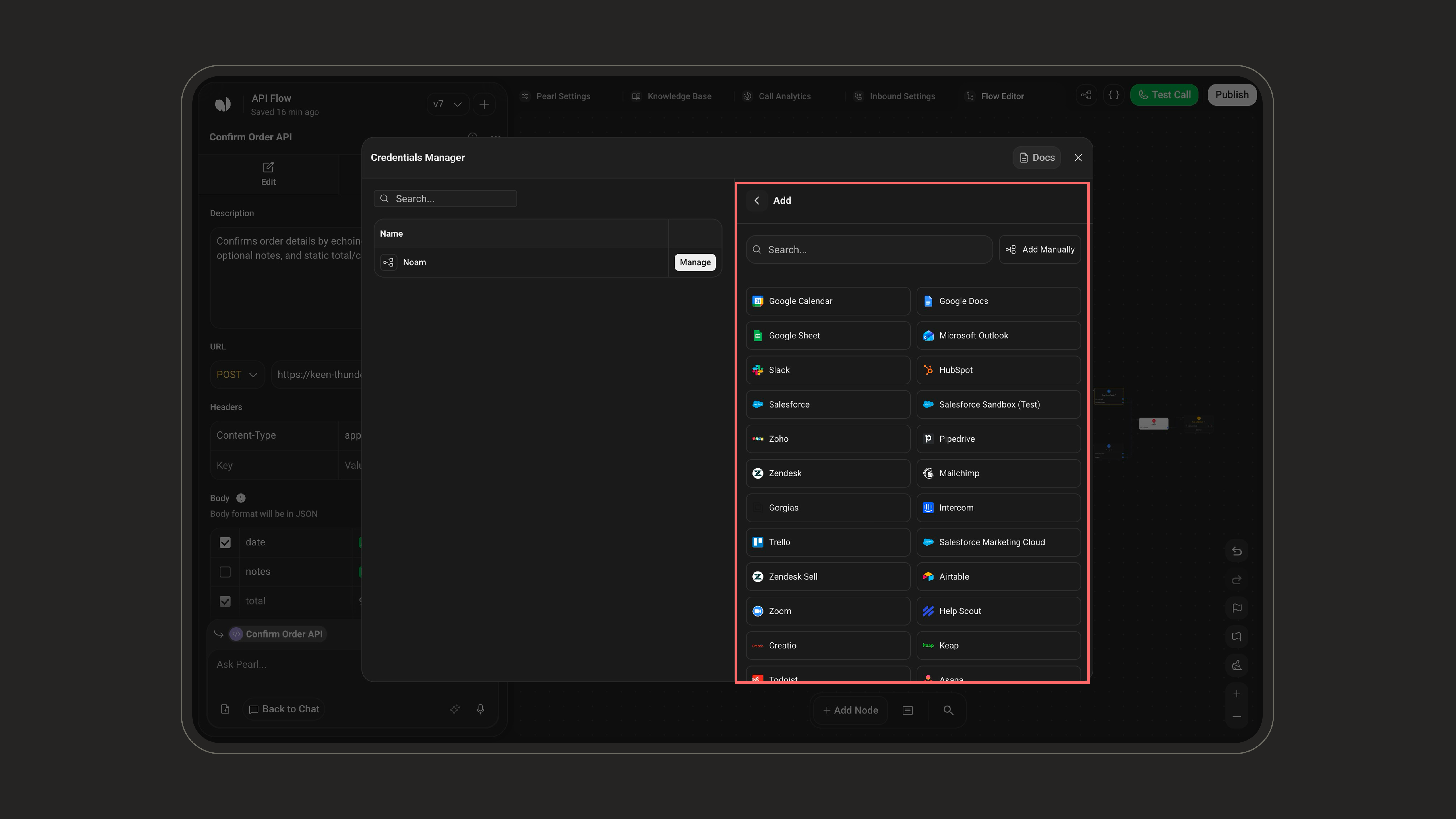Choose an integration or add a credential manually