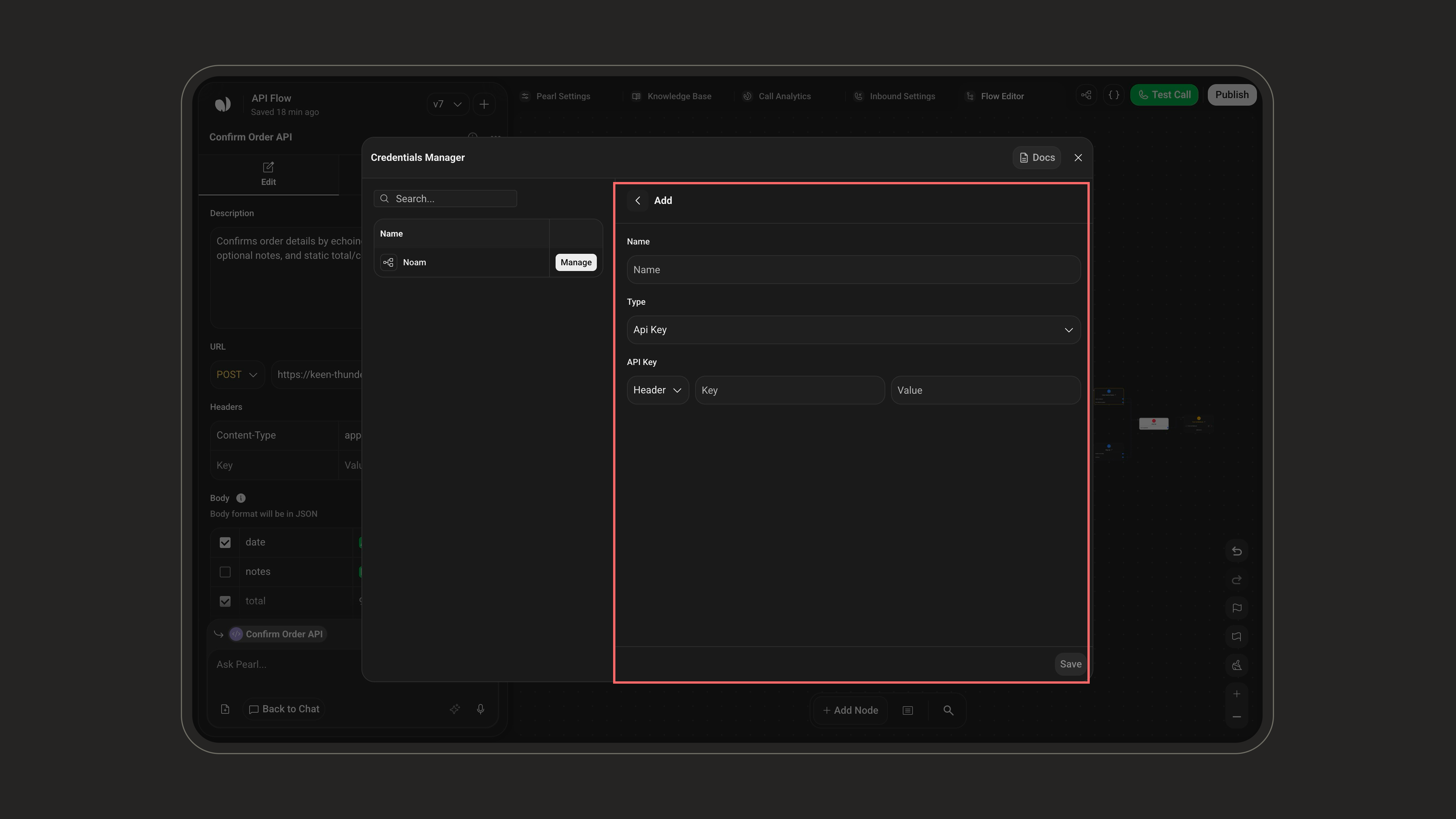 Manual credential form with name, type, and type-specific fields