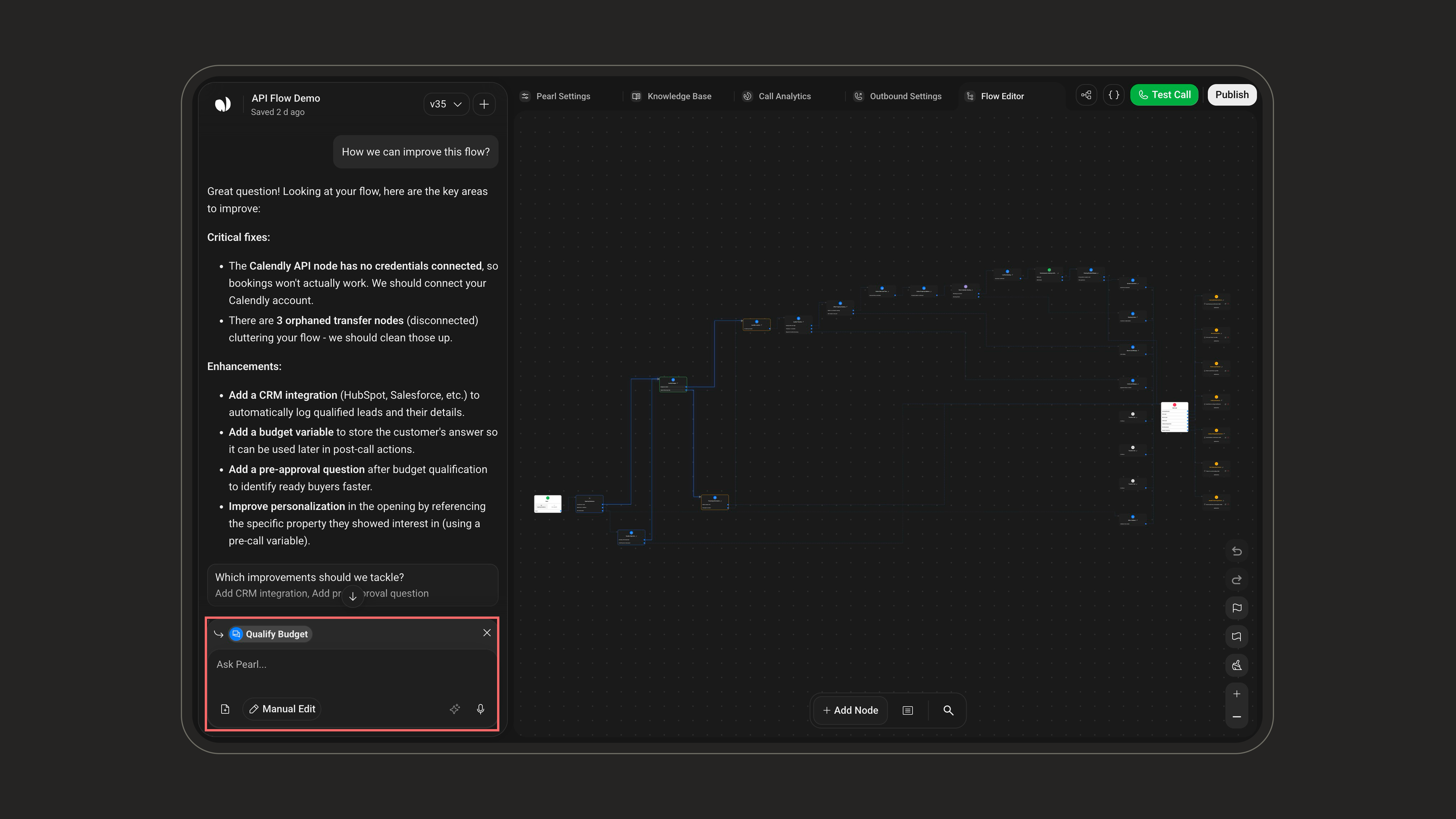 Node context pill above the Ask Pearl composer