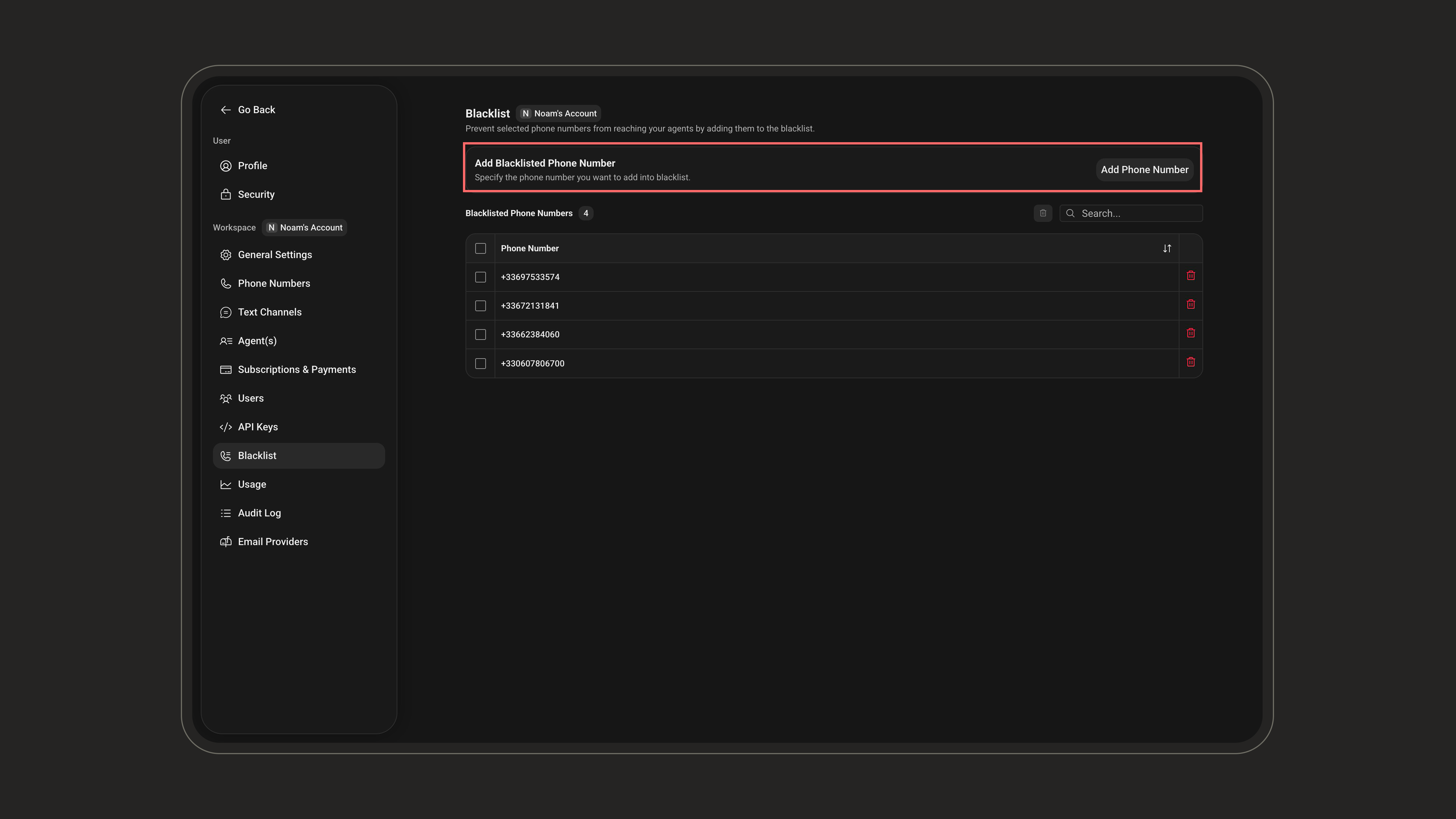 Add Blacklisted Phone Number bar
