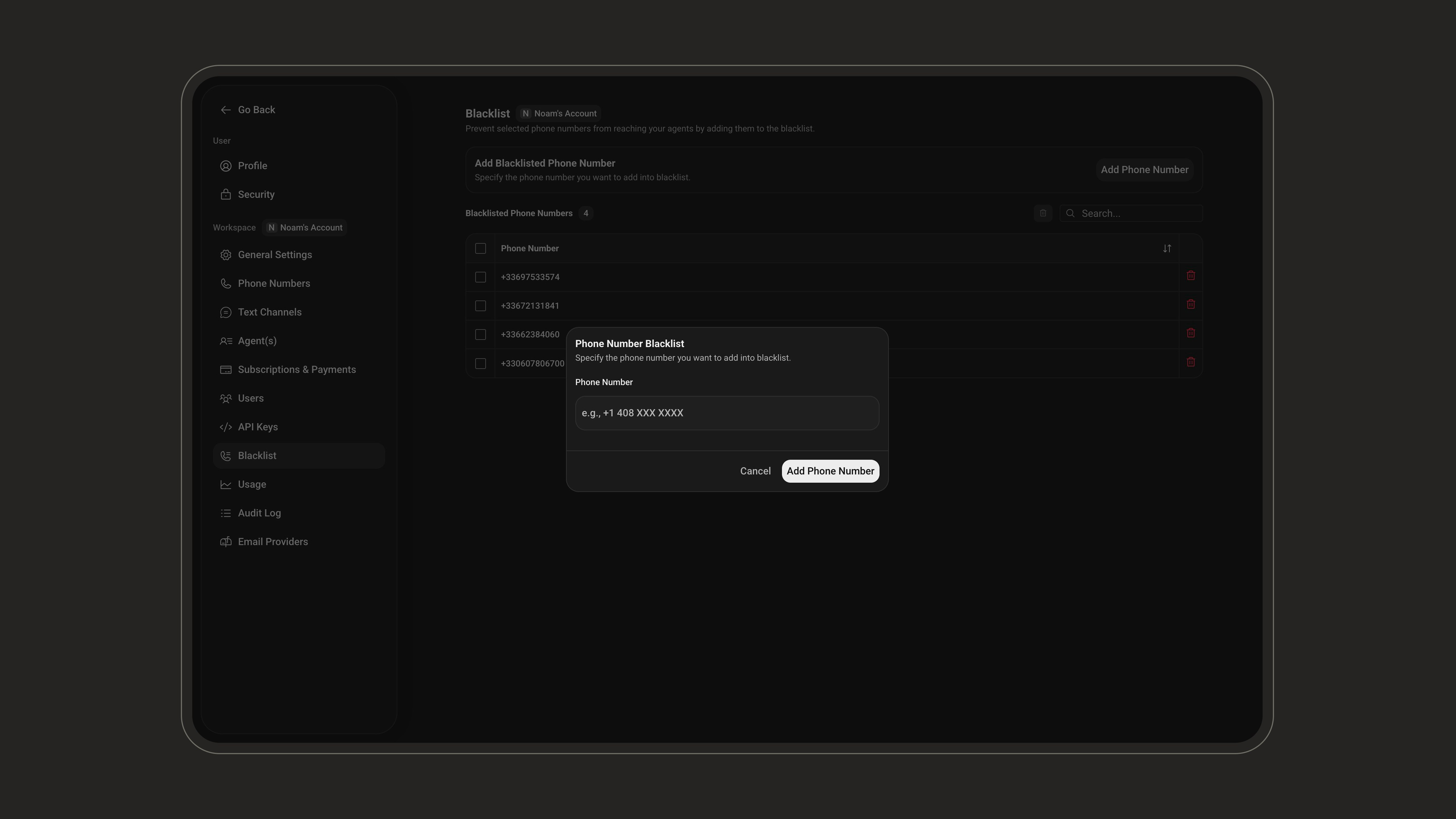 Phone Number Blacklist dialog to enter a number
