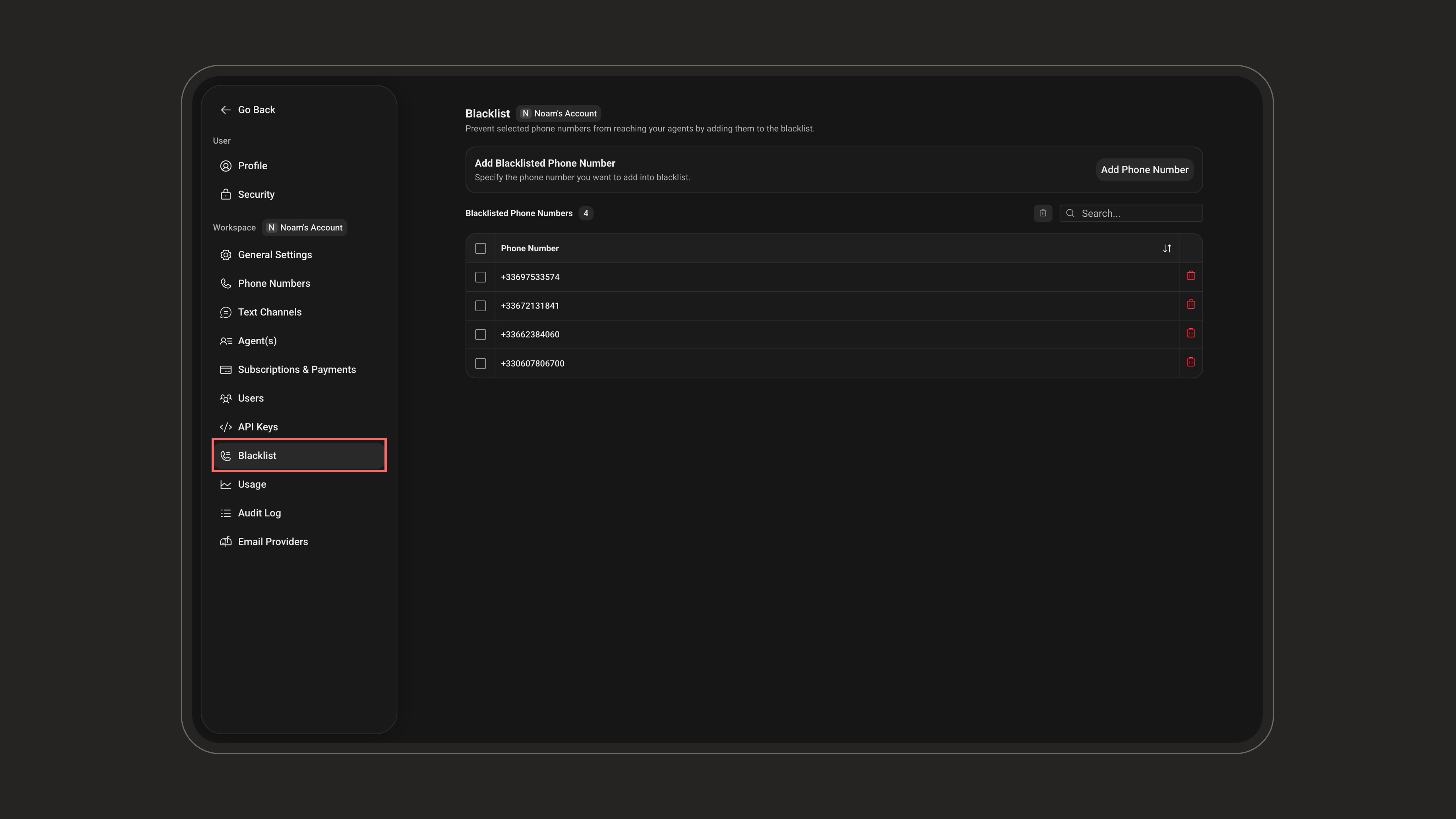 Blacklist tab in the Workspace settings