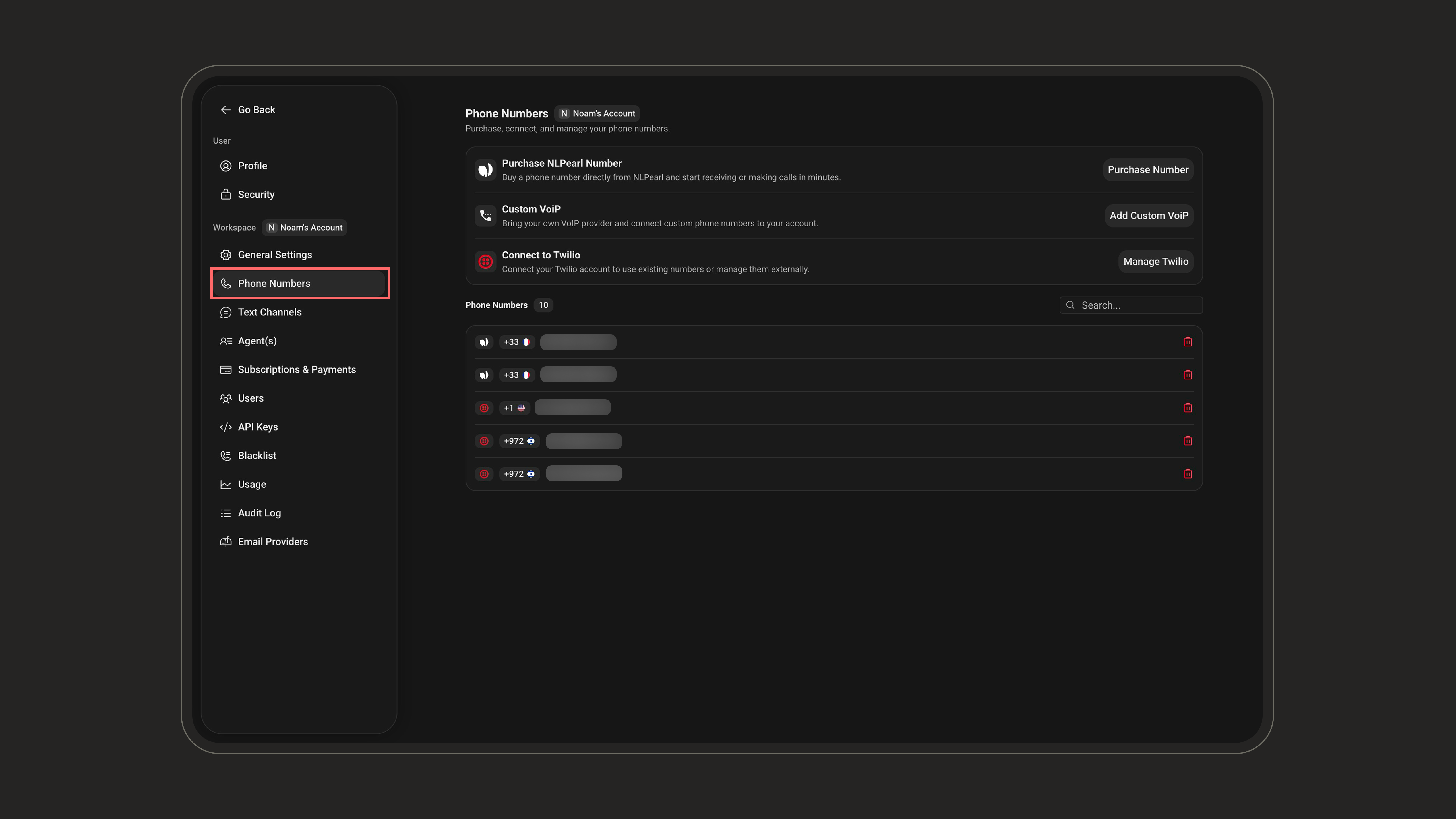 Phone Numbers tab in Settings