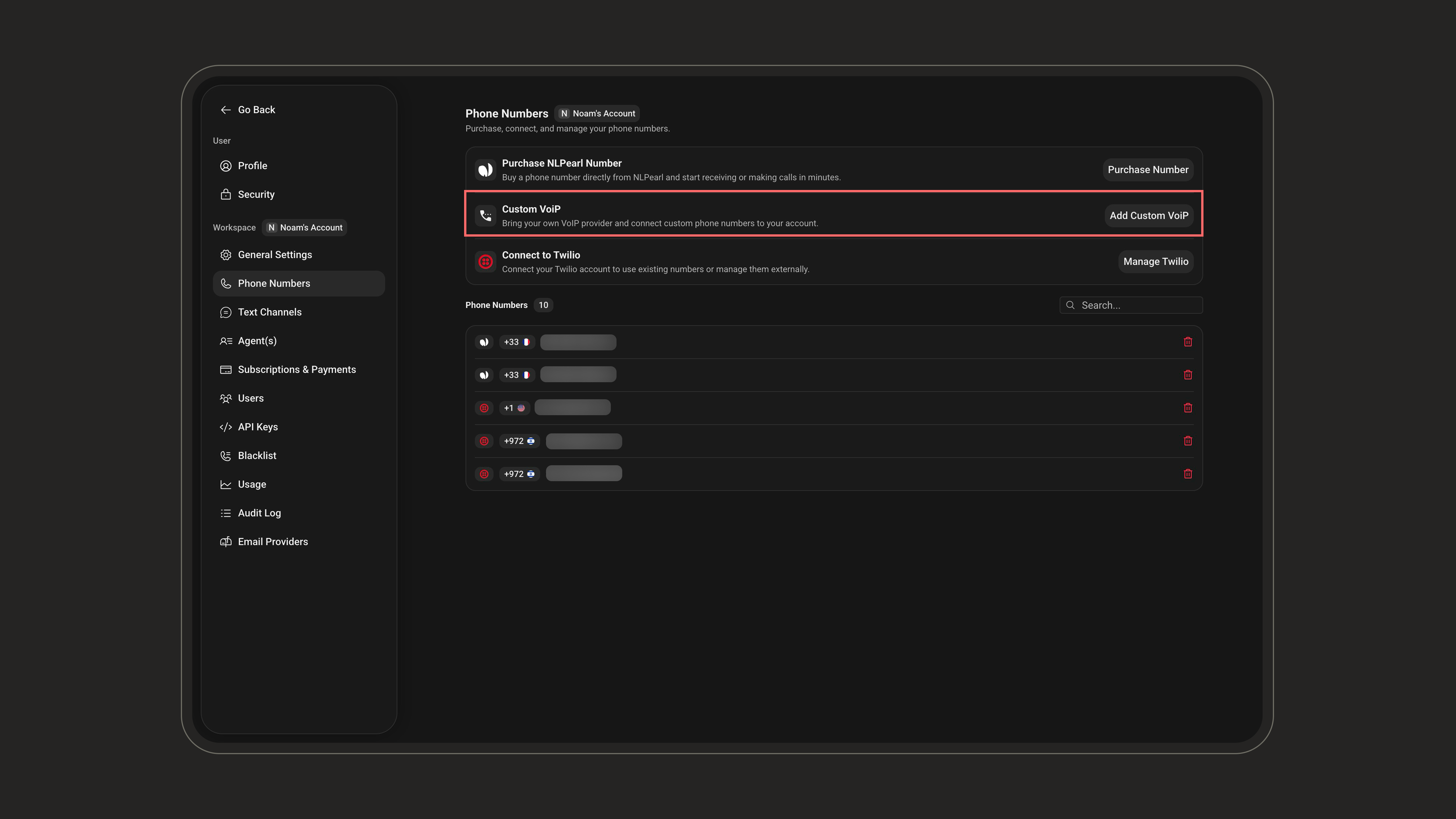 Add Custom VoIP from the Phone Numbers settings