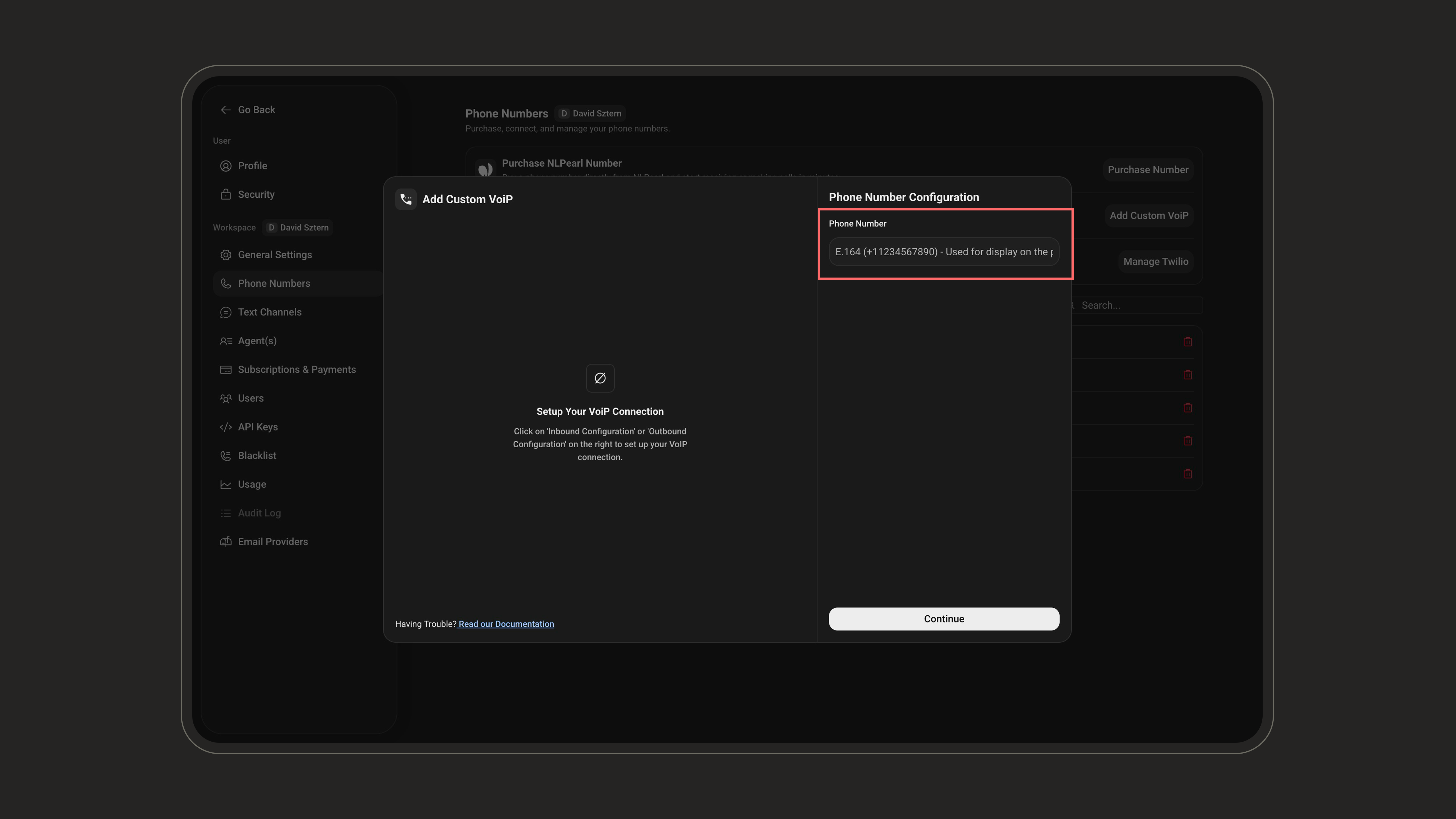 Enter the phone number for your custom VoIP configuration