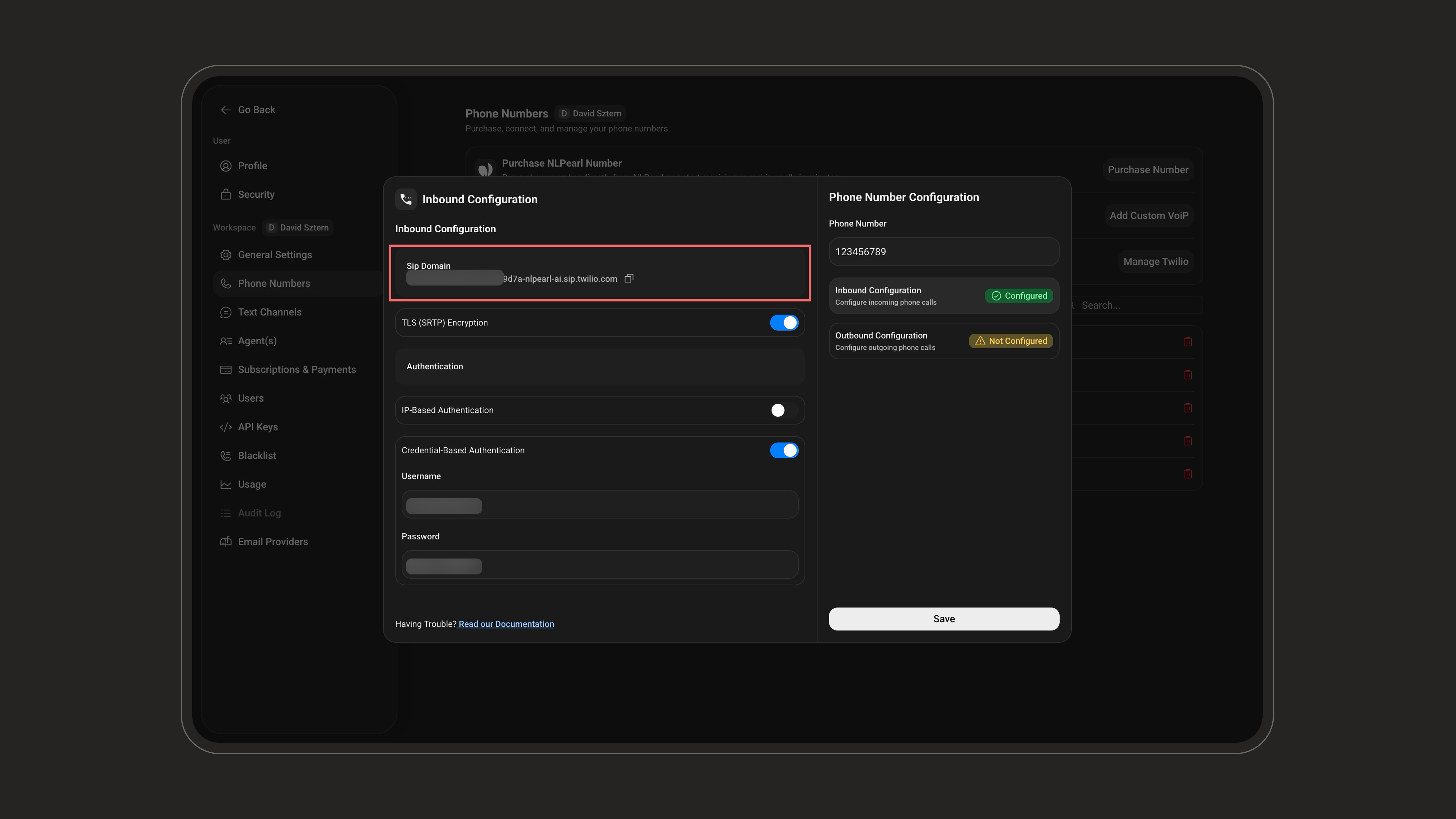 SIP Domain shown read-only with a Copy button in the Inbound Configuration