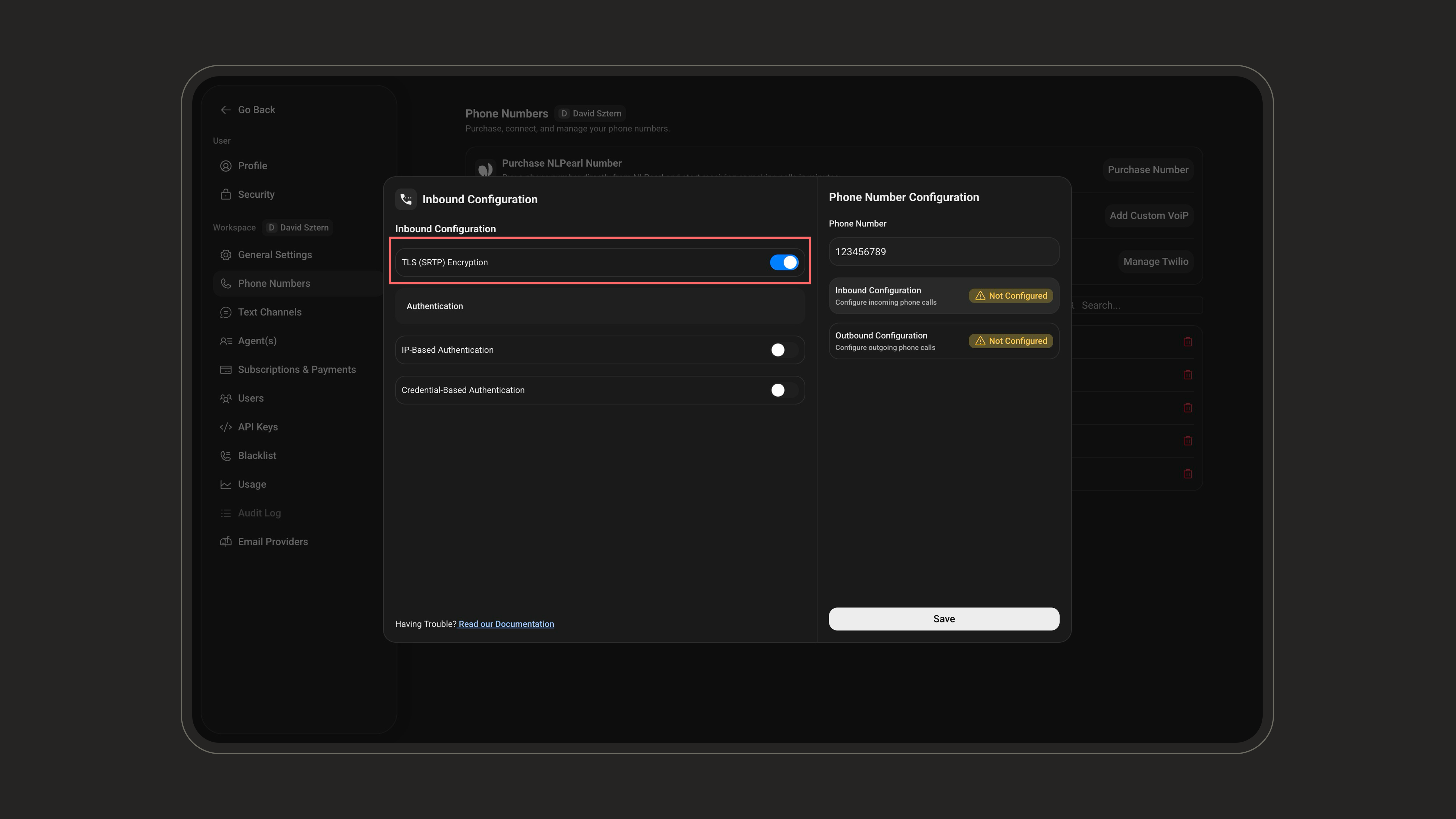 Inbound TLS (SRTP) encryption toggle