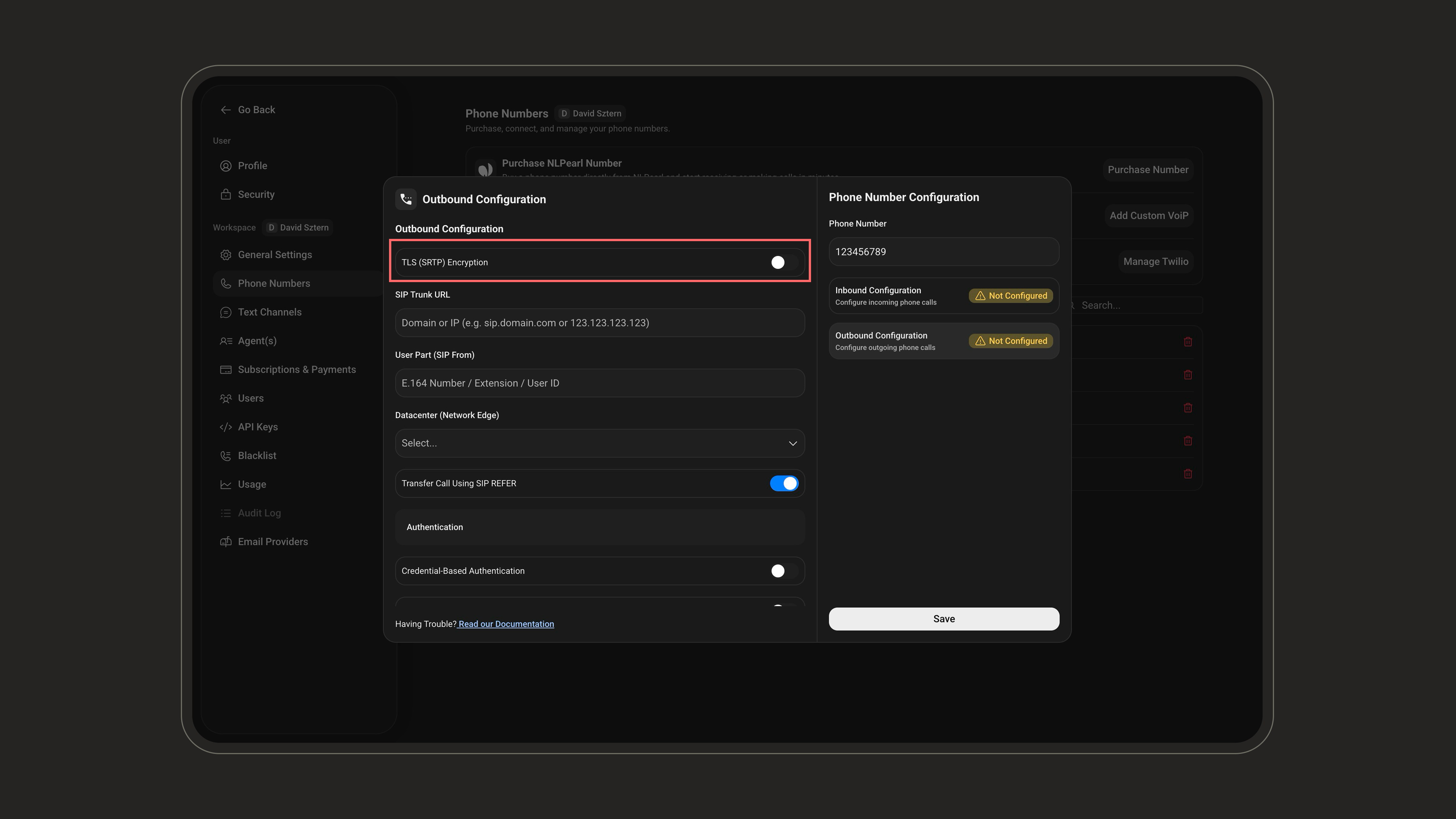 Outbound TLS (SRTP) encryption toggle