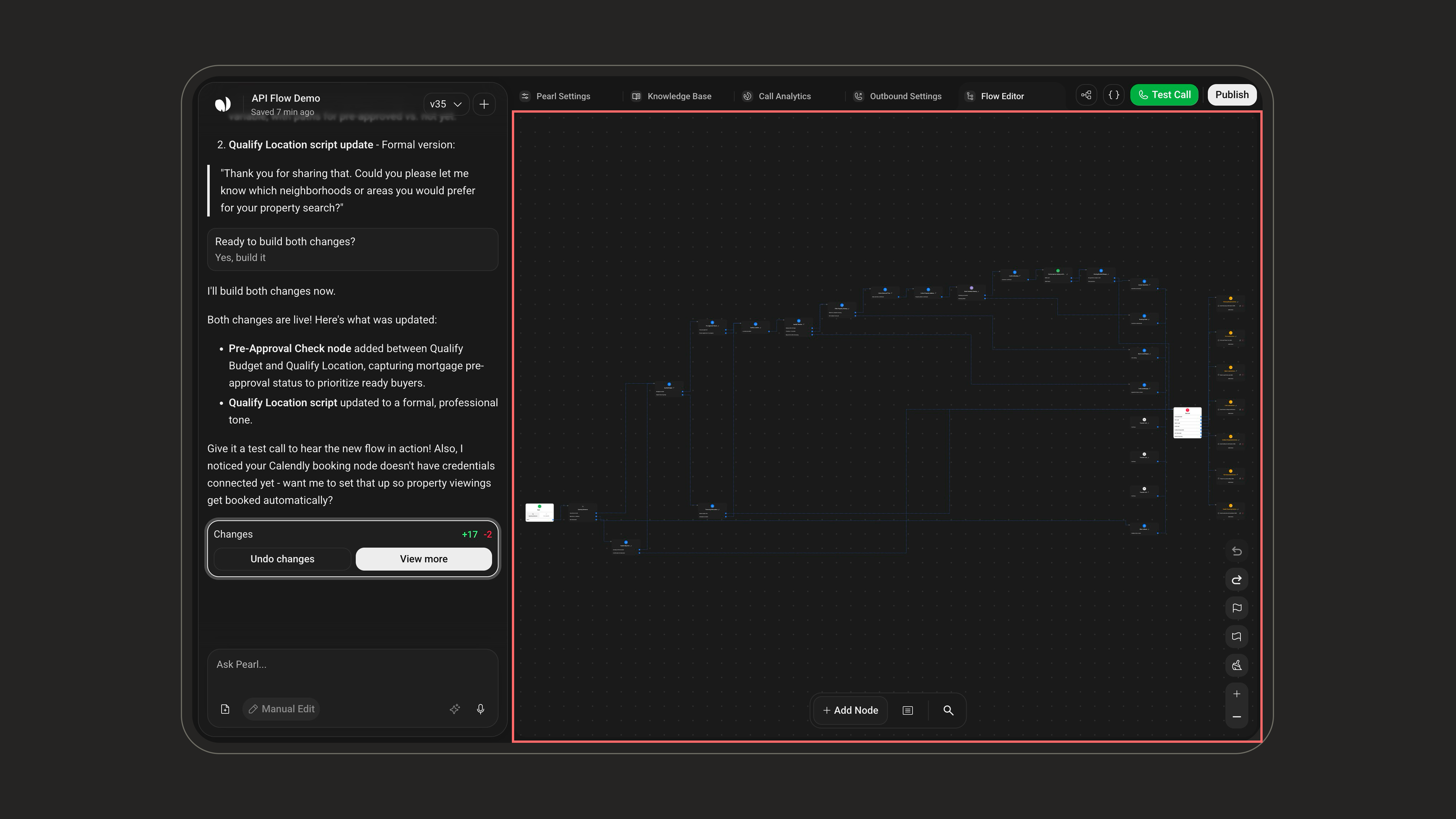 Central canvas showing the flow as a graph of nodes and transitions