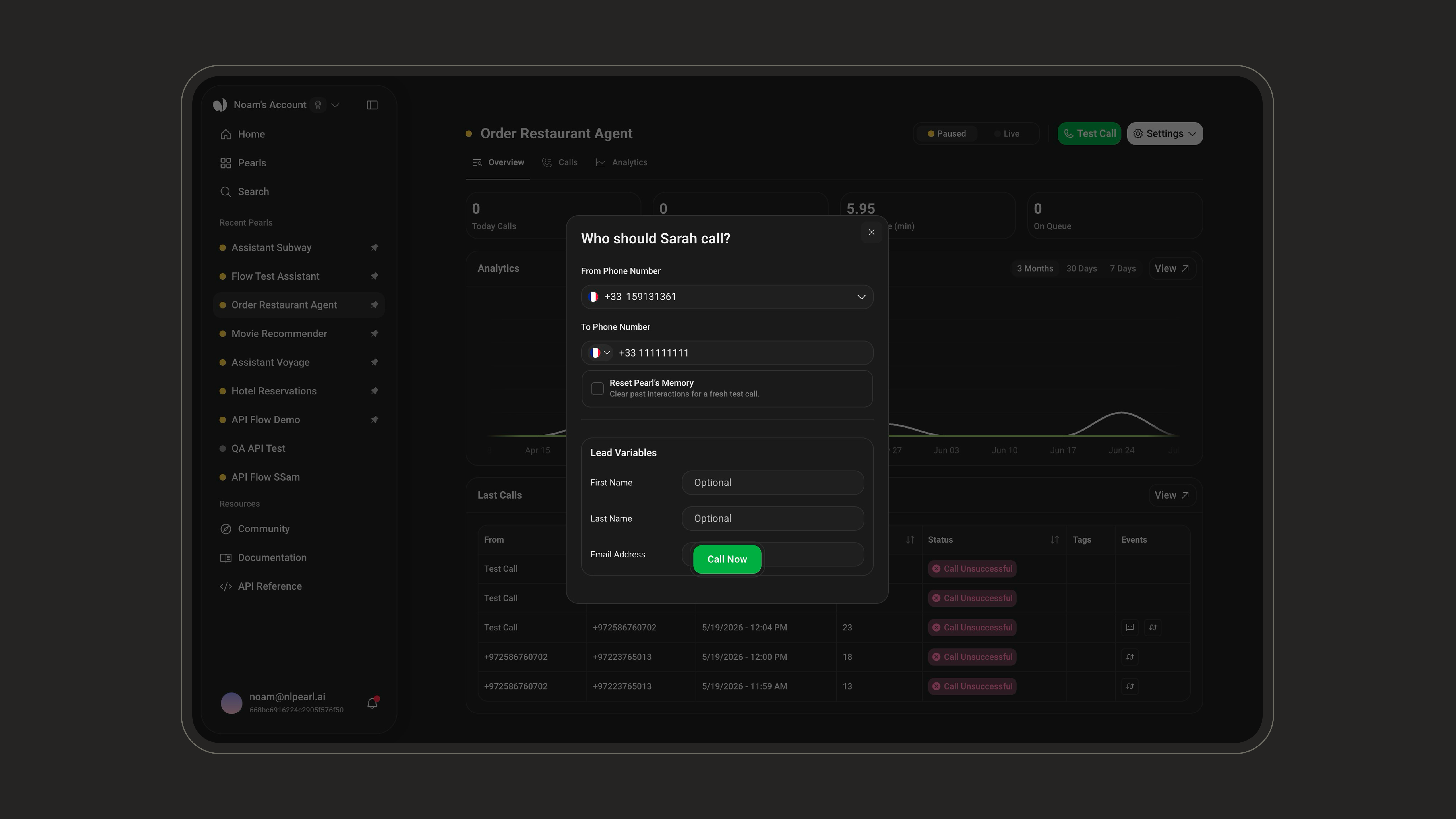 Run a test call from the platform