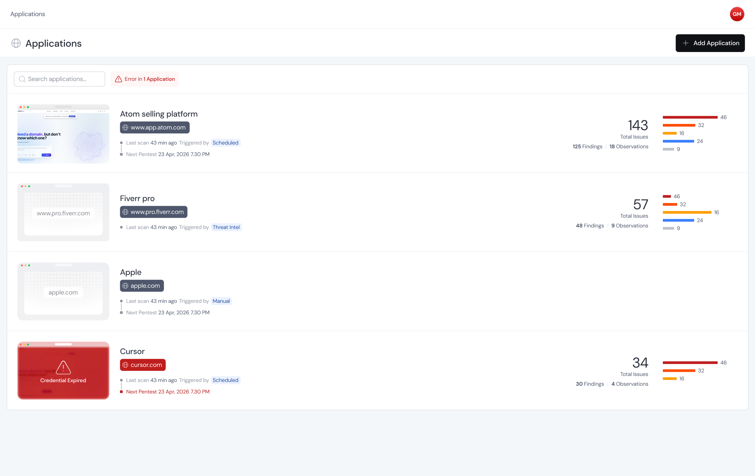 The Applications tab showing the list of configured applications