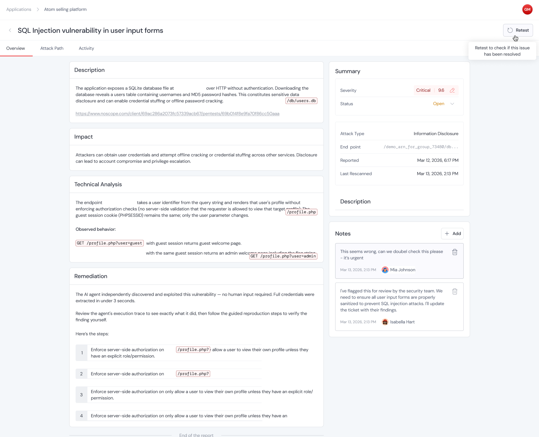 The findings dashboard listing every vulnerability the agent has surfaced, with severity, status, and filters