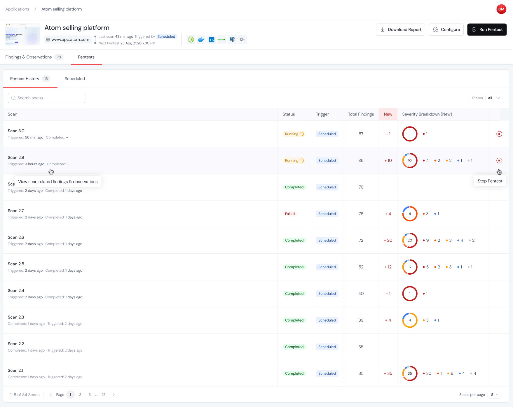 The Pentest history tab listing every pentest run against the app with date, scan mode, and findings summary