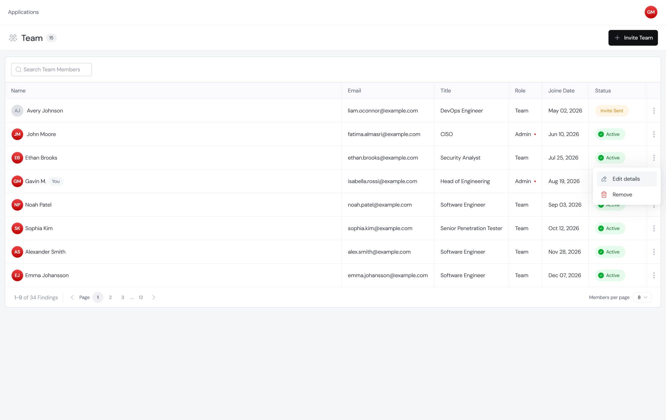 The Teams page listing team members with their role and invite controls