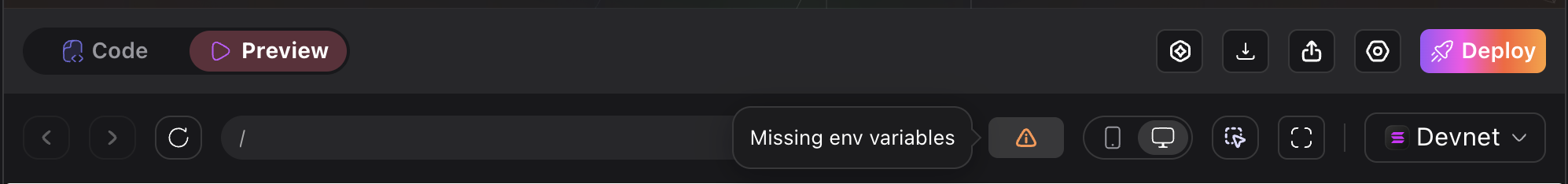 Screenshot showing the missing env variables warning in the preview interface