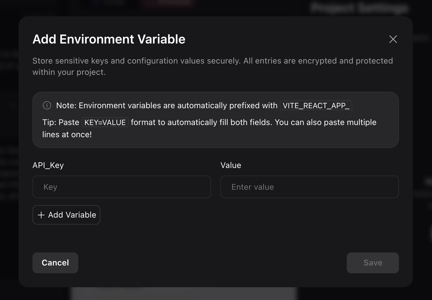 Screenshot showing the environment variable configuration dialog with key and value fields