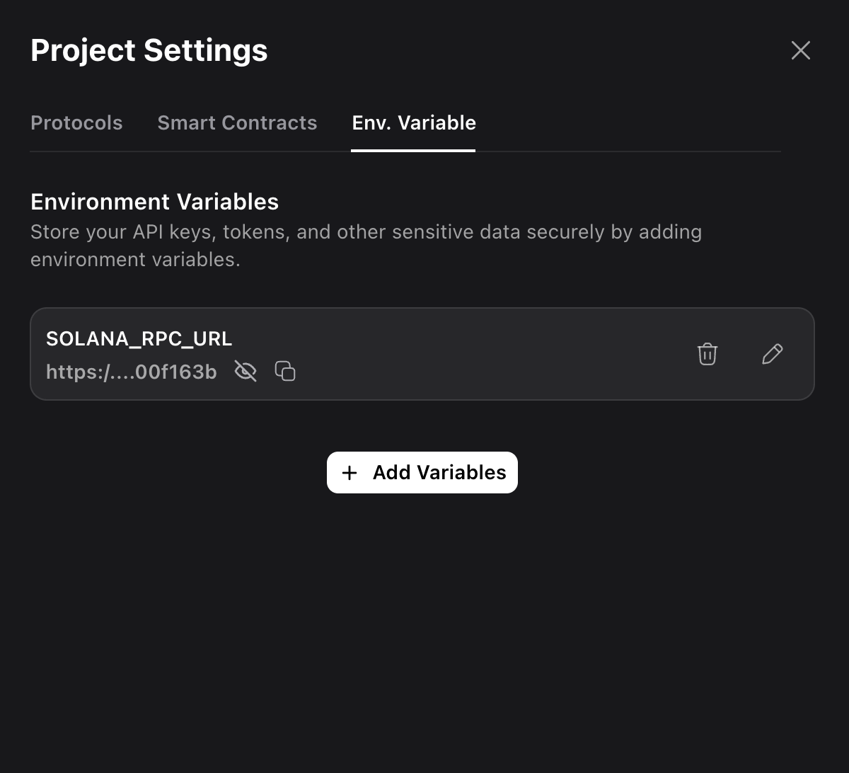 Screenshot showing the interface for managing existing environment variables