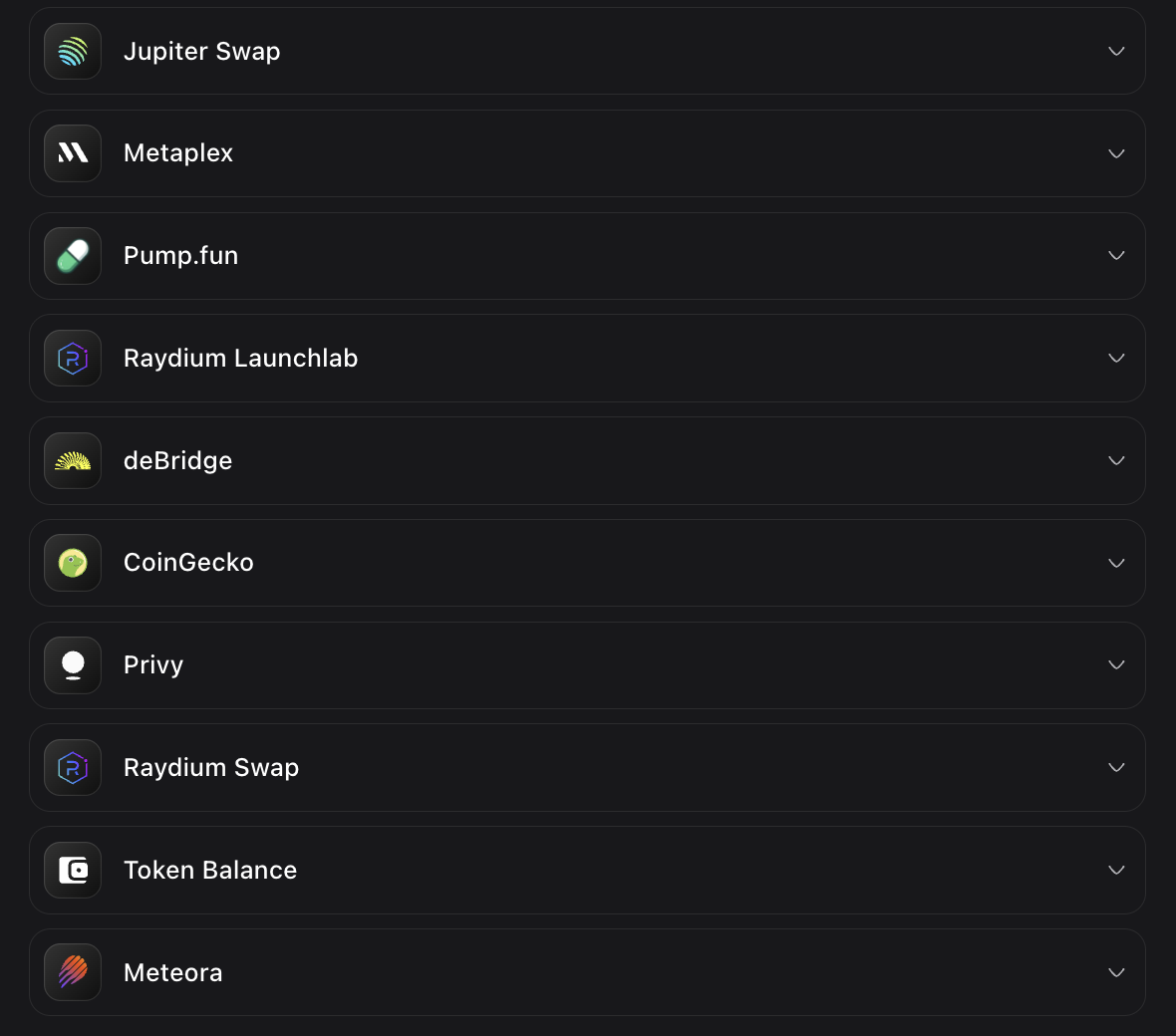 Screenshot showing all available protocol integrations in the protocols tab