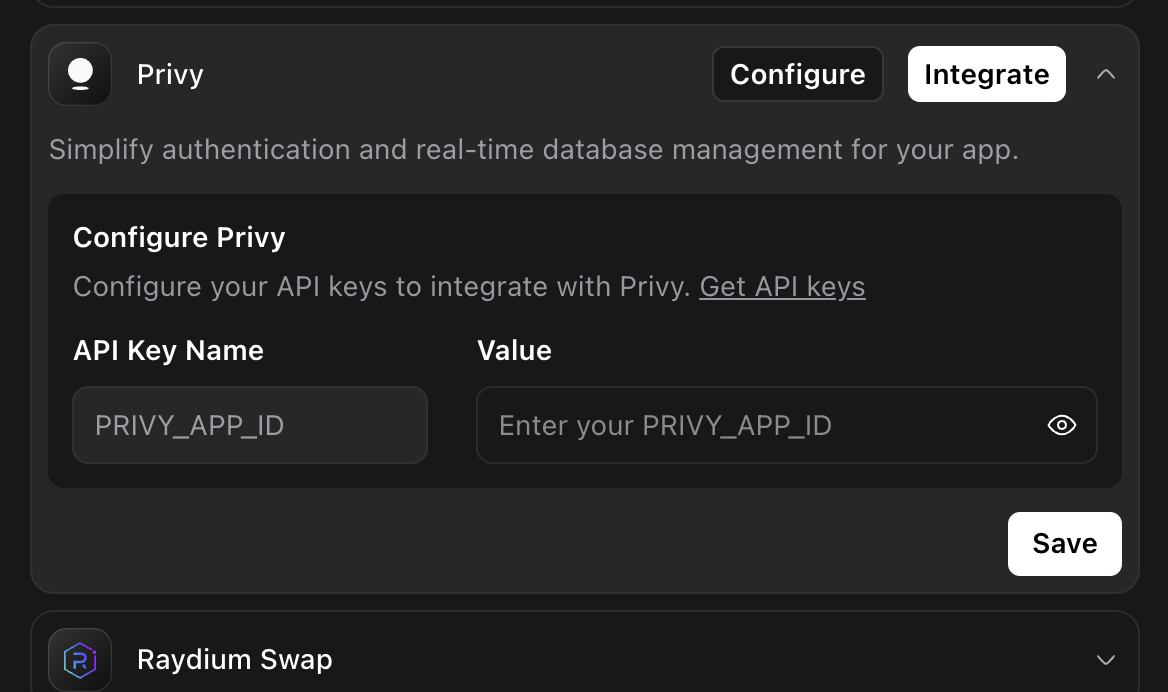 Screenshot showing the Configure and Integrate buttons for a selected protocol