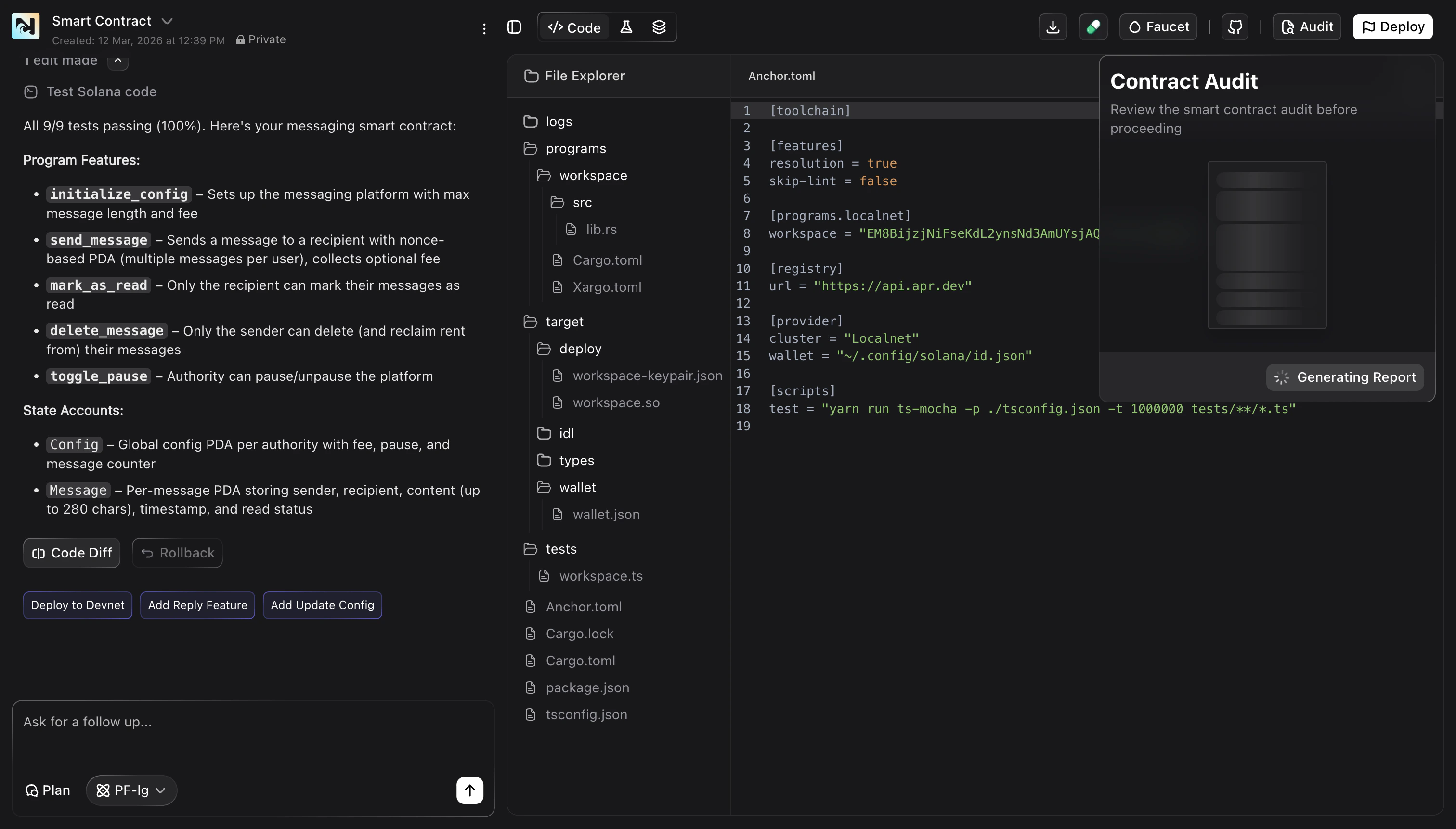 Contract Audit panel showing a Generating Report loading state