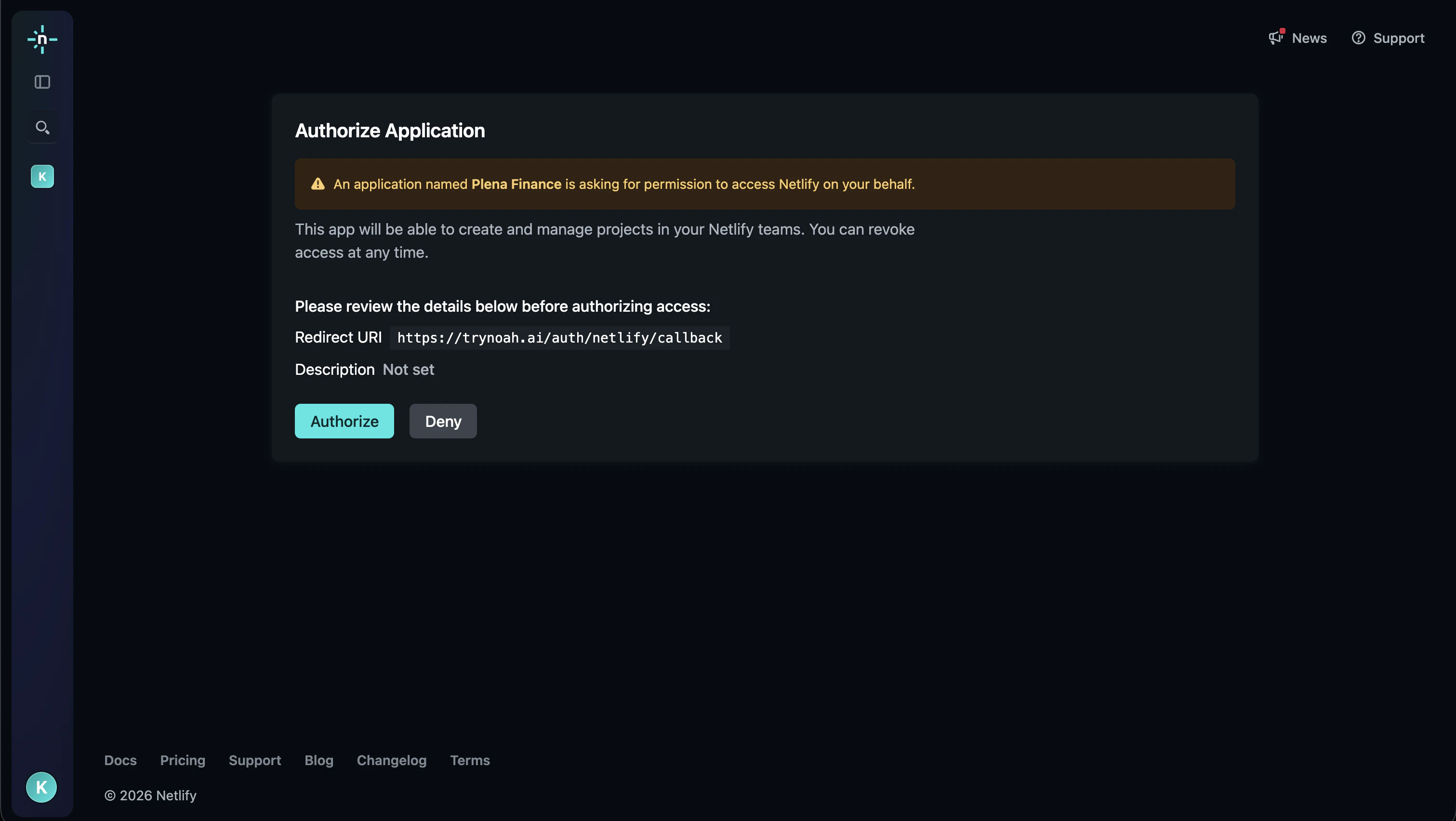 Netlify Authorize Application screen with Authorize and Deny buttons