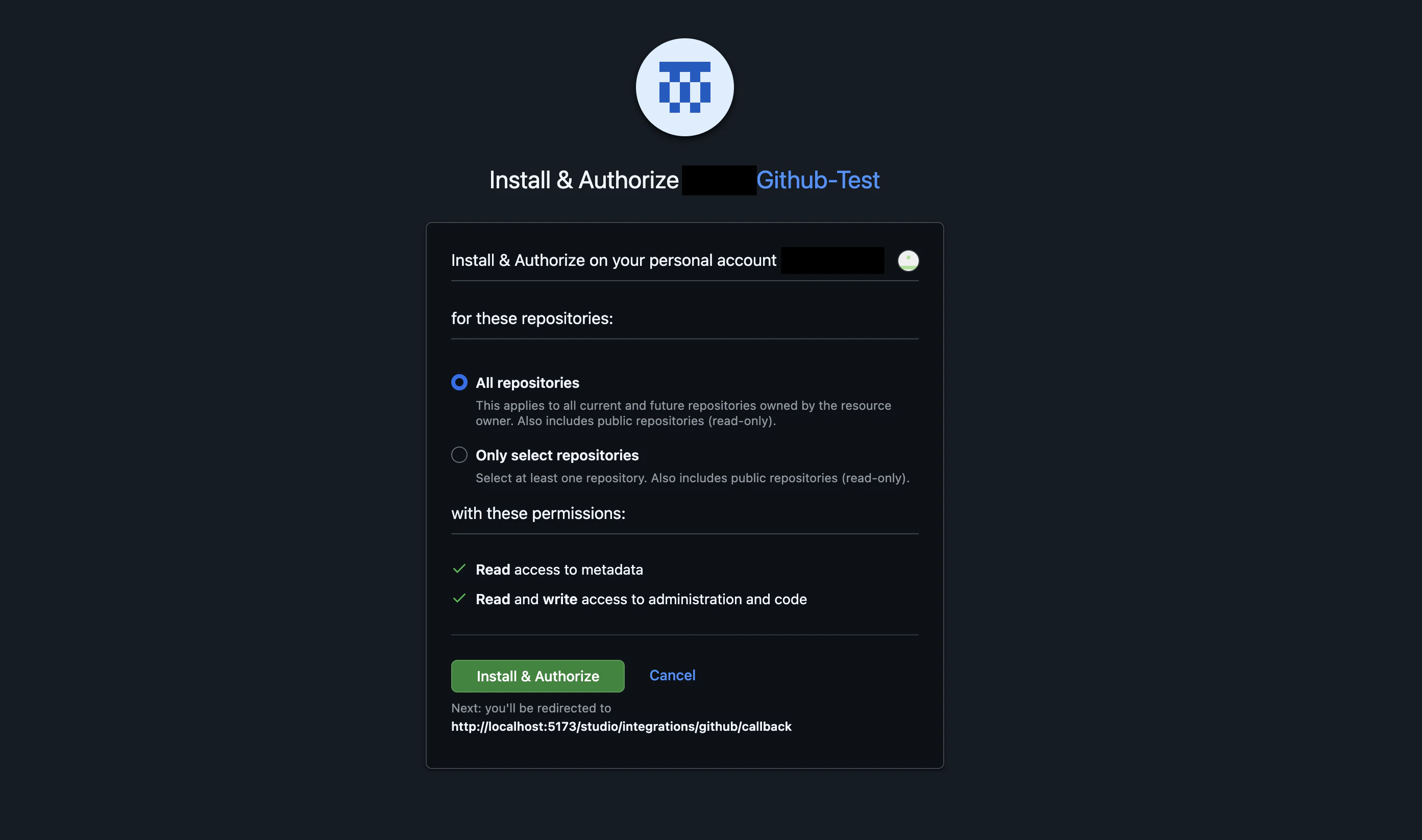 GitHub Install & Authorize screen with repository and permission options