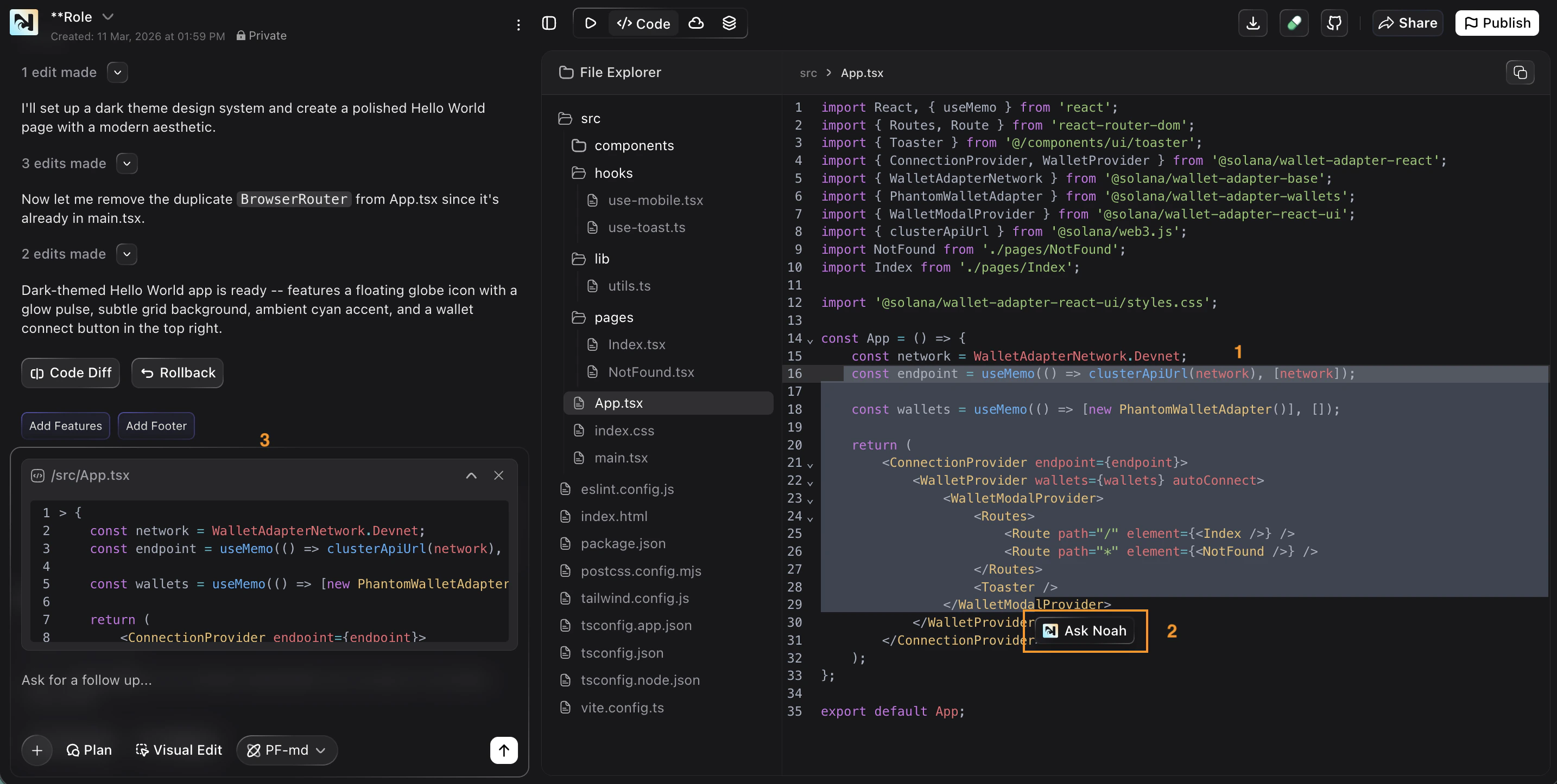 Screenshot showing Noah's full IDE with chat panel, file explorer, code editor, Code Diff and Rollback buttons