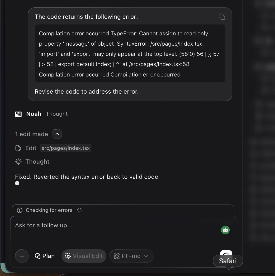 Screenshot showing Noah receiving an error in chat, making an edit to src/pages/Index.tsx, and confirming the fix