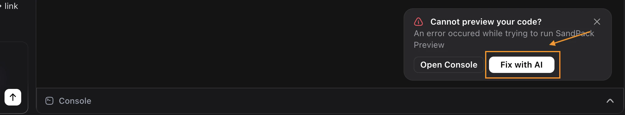 Screenshot showing Noah's error dialog with Open Console and Fix with AI buttons
