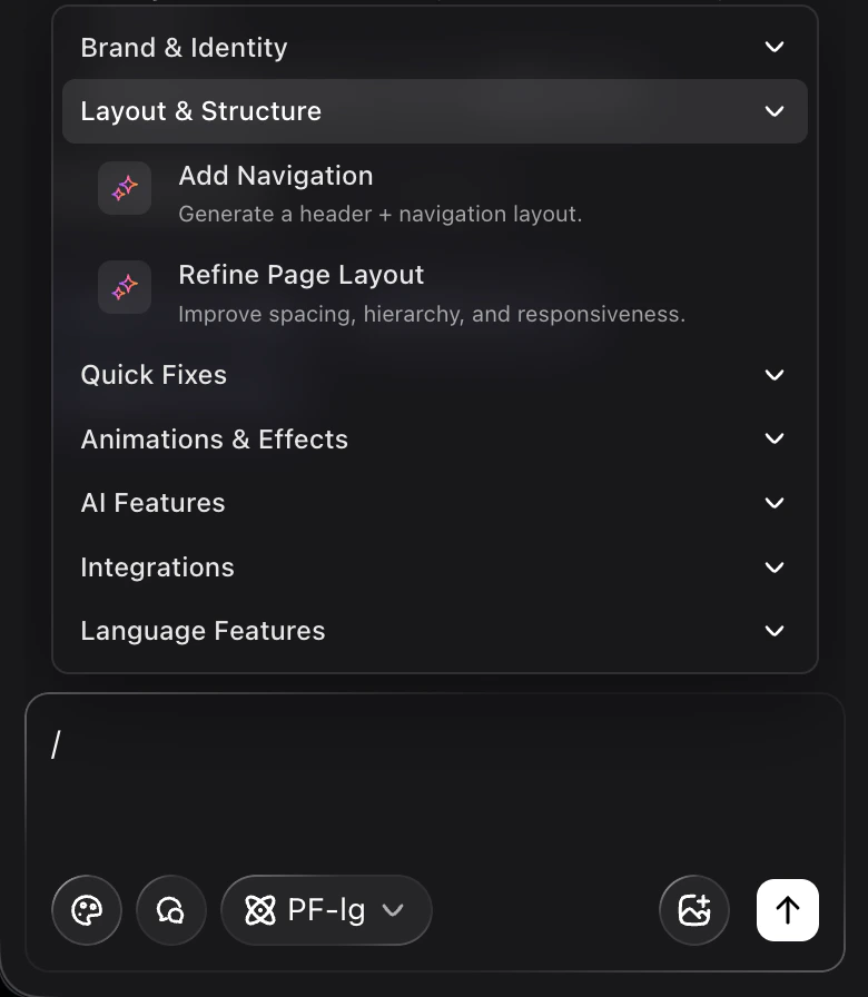 Command palette opened from the chat input