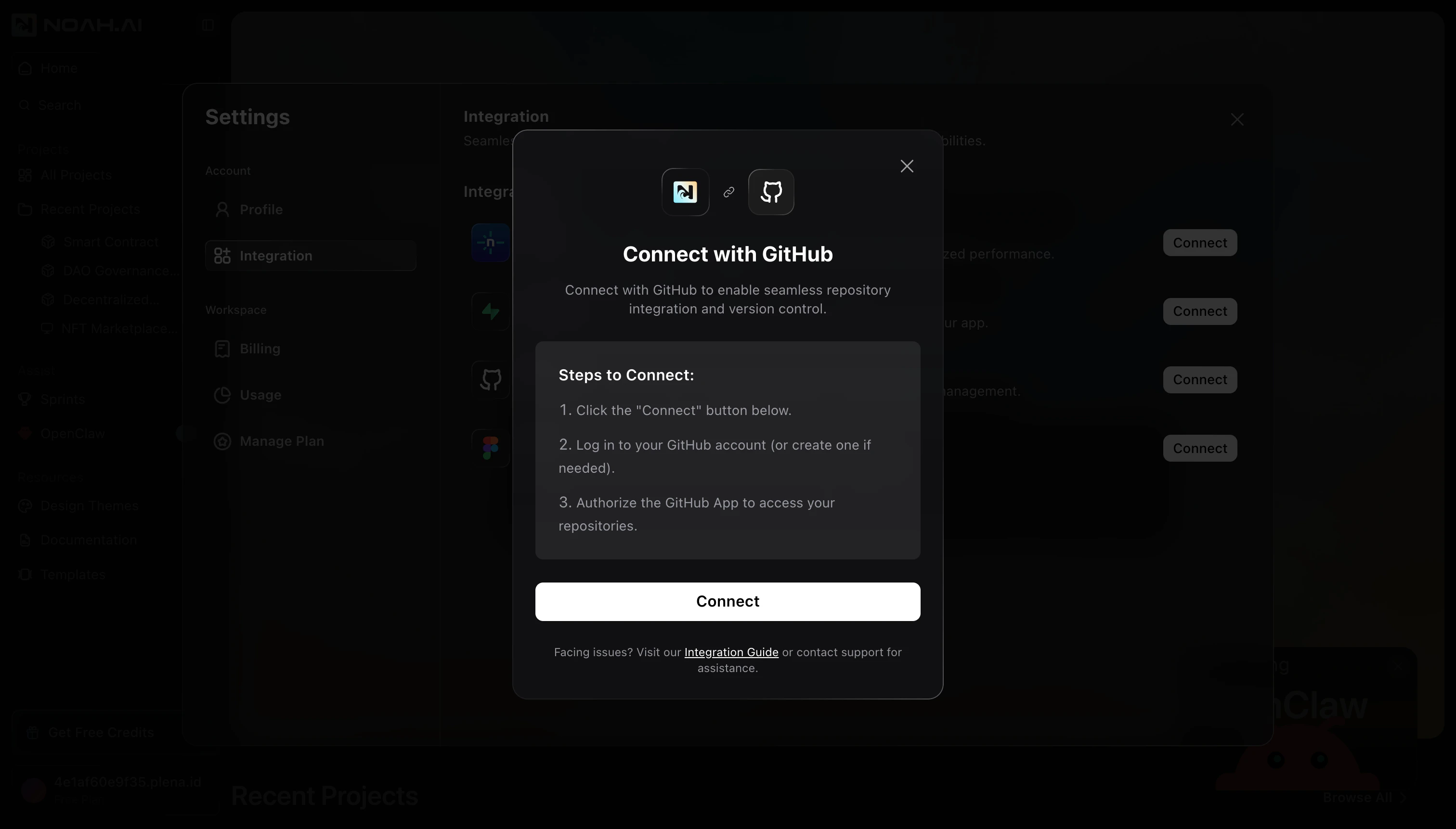Connect with GitHub dialog with a Connect button