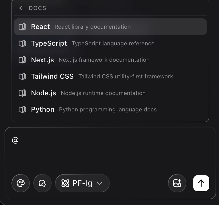 Docs mentions list with React, TypeScript, Next.js, Tailwind CSS, Node.js, and Python
