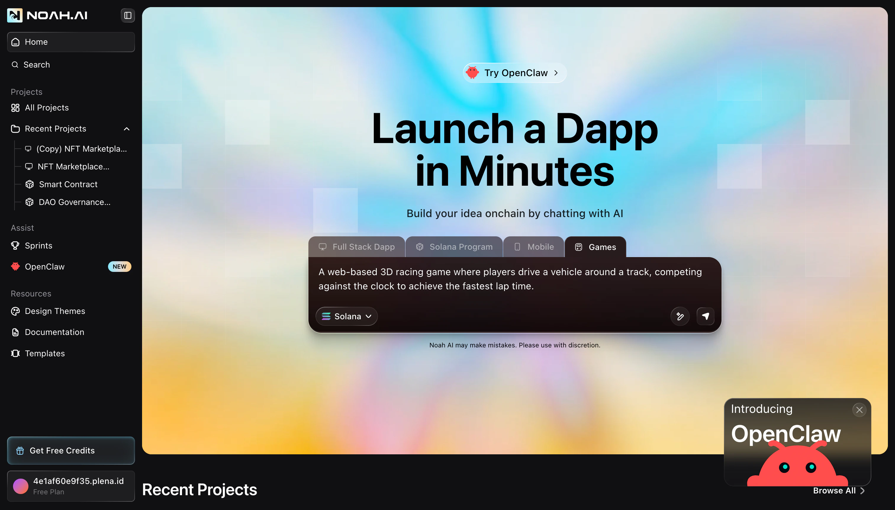 Noah dashboard showing Launch a Dapp in Minutes with Games selected and a 3D racing game prompt