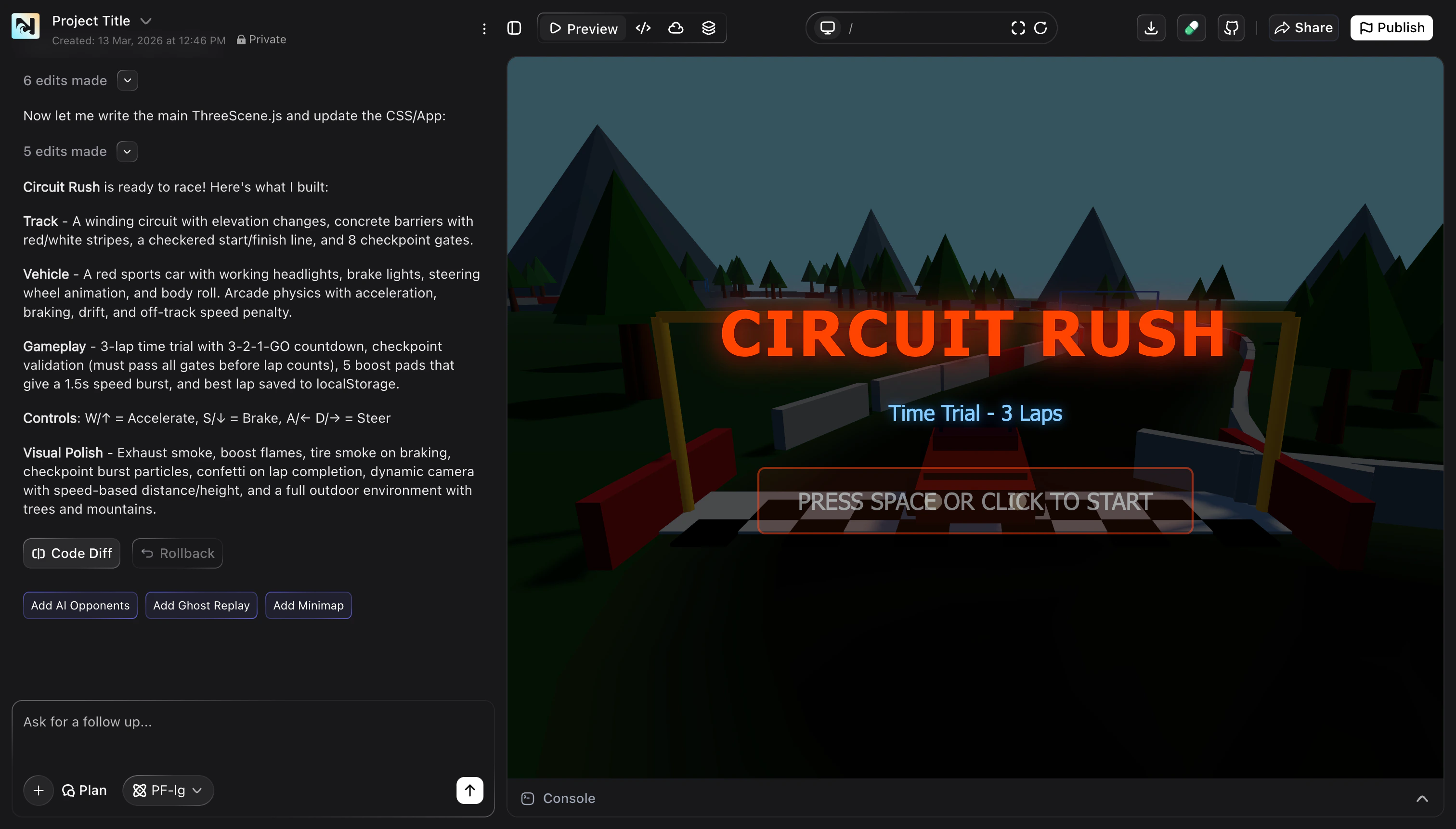 Noah project view showing Circuit Rush game summary on the left and the 3D start screen on the right