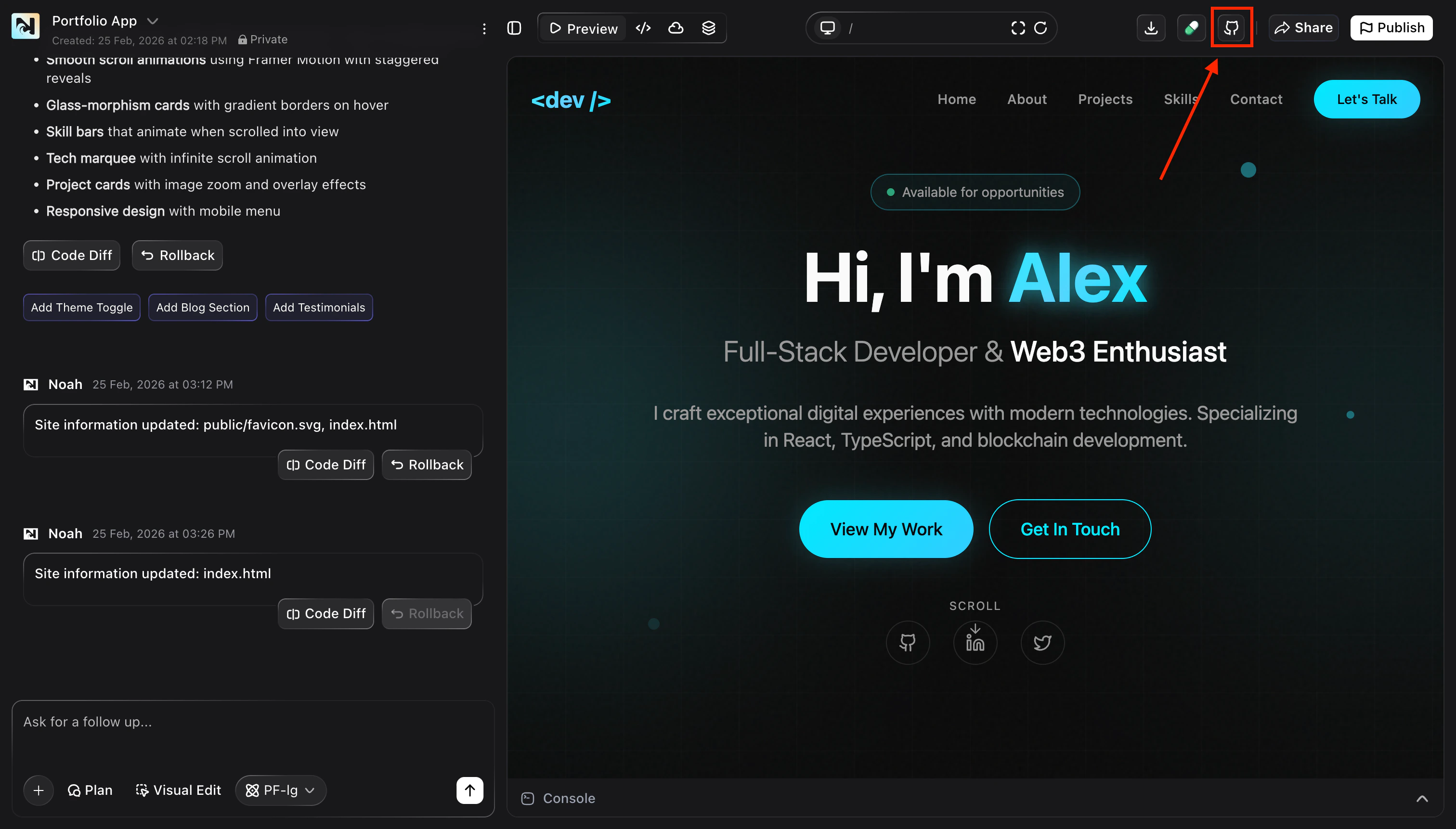 Project toolbar with the GitHub button highlighted