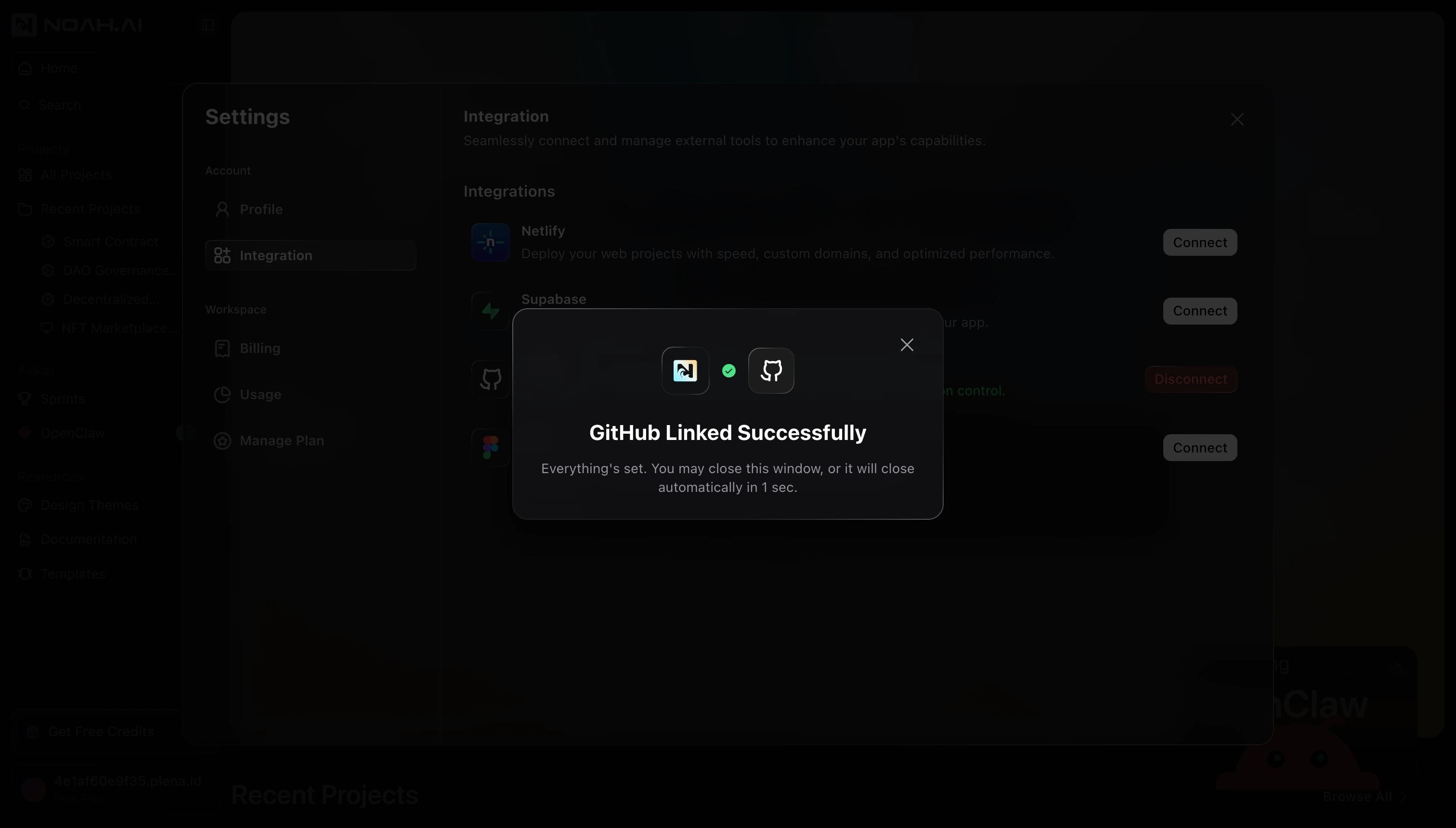 GitHub Linked Successfully confirmation dialog inside Noah